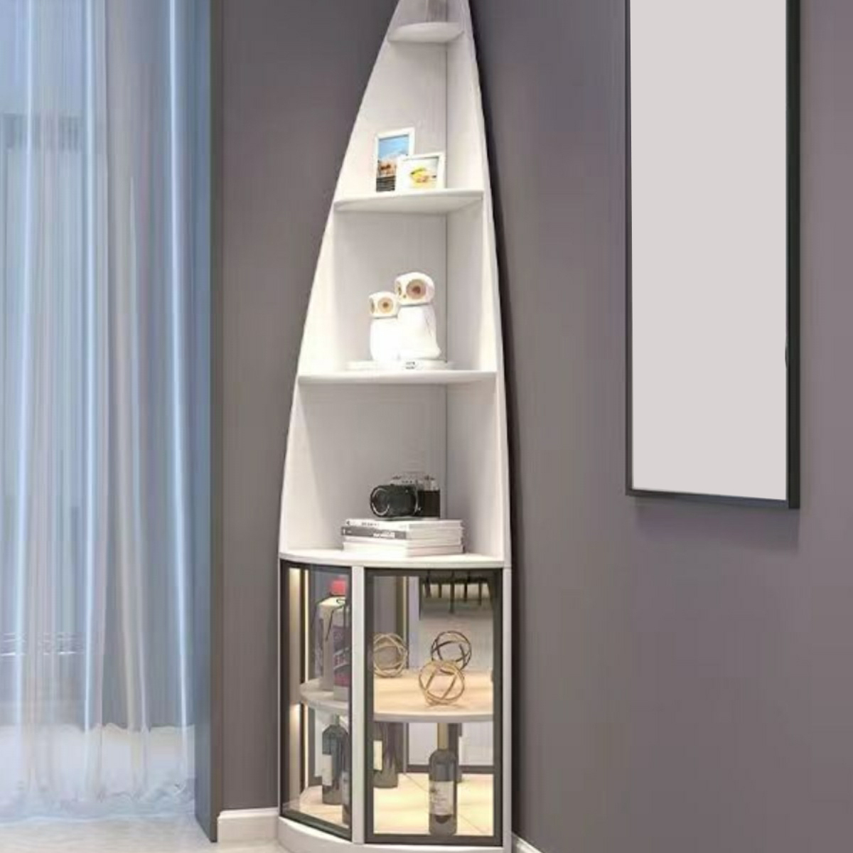 Corner Modern Cabinet with Wood Counter Top and 4 Exterior Shelves - image 4