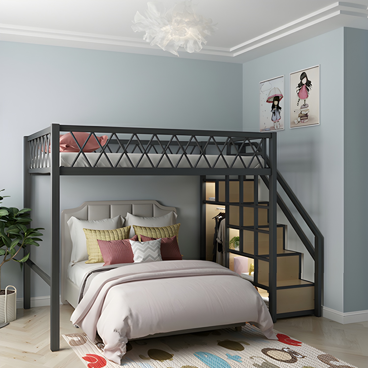 Modern Wood/Metal Bed with Light Wood Tone & Tall Clearance Storage Cabinets - image 6