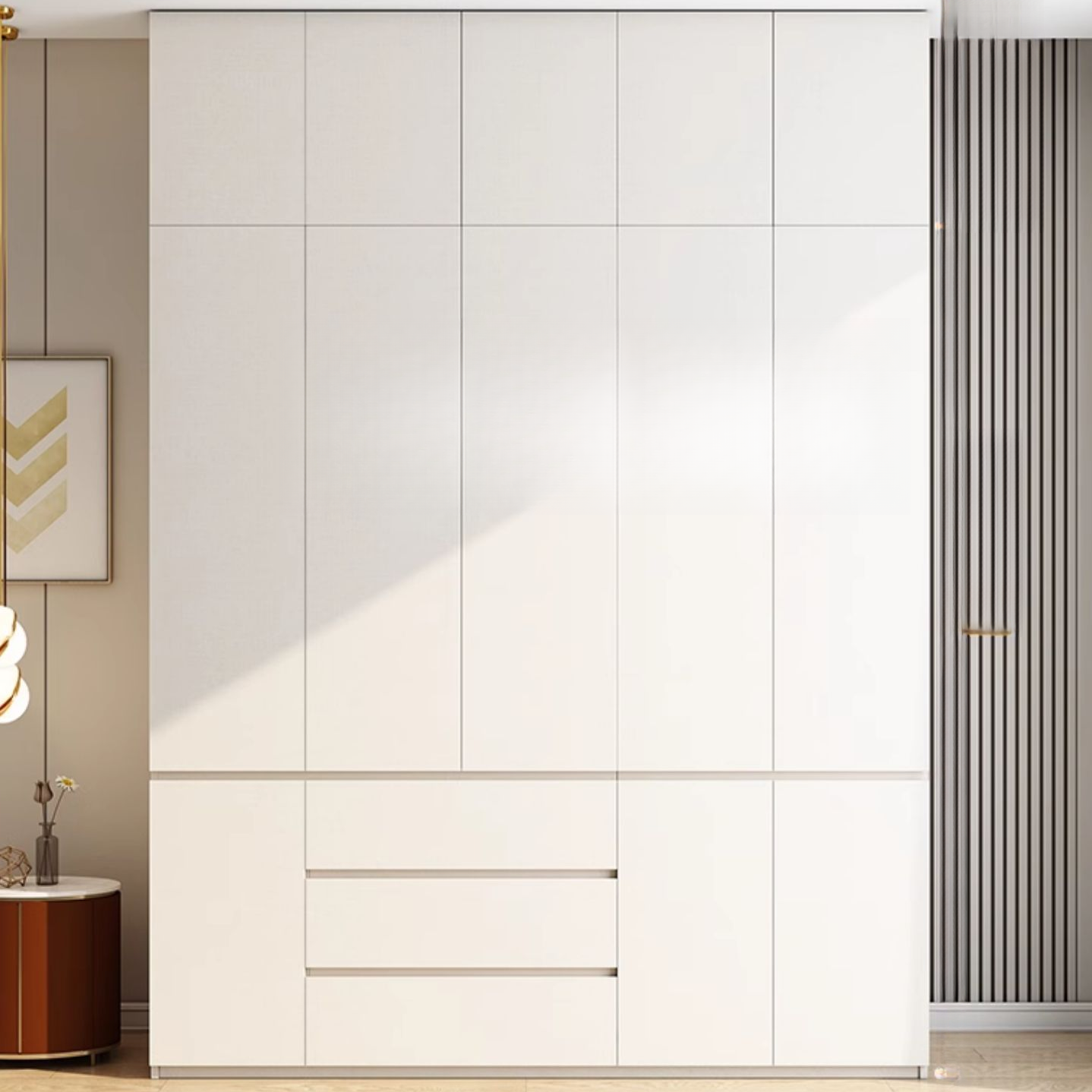 Minimalist Chalk Wooden Cabinet Armoire with Soft Close Drawer, Soft Close Door, Interior Shelves, and Clothing Rod