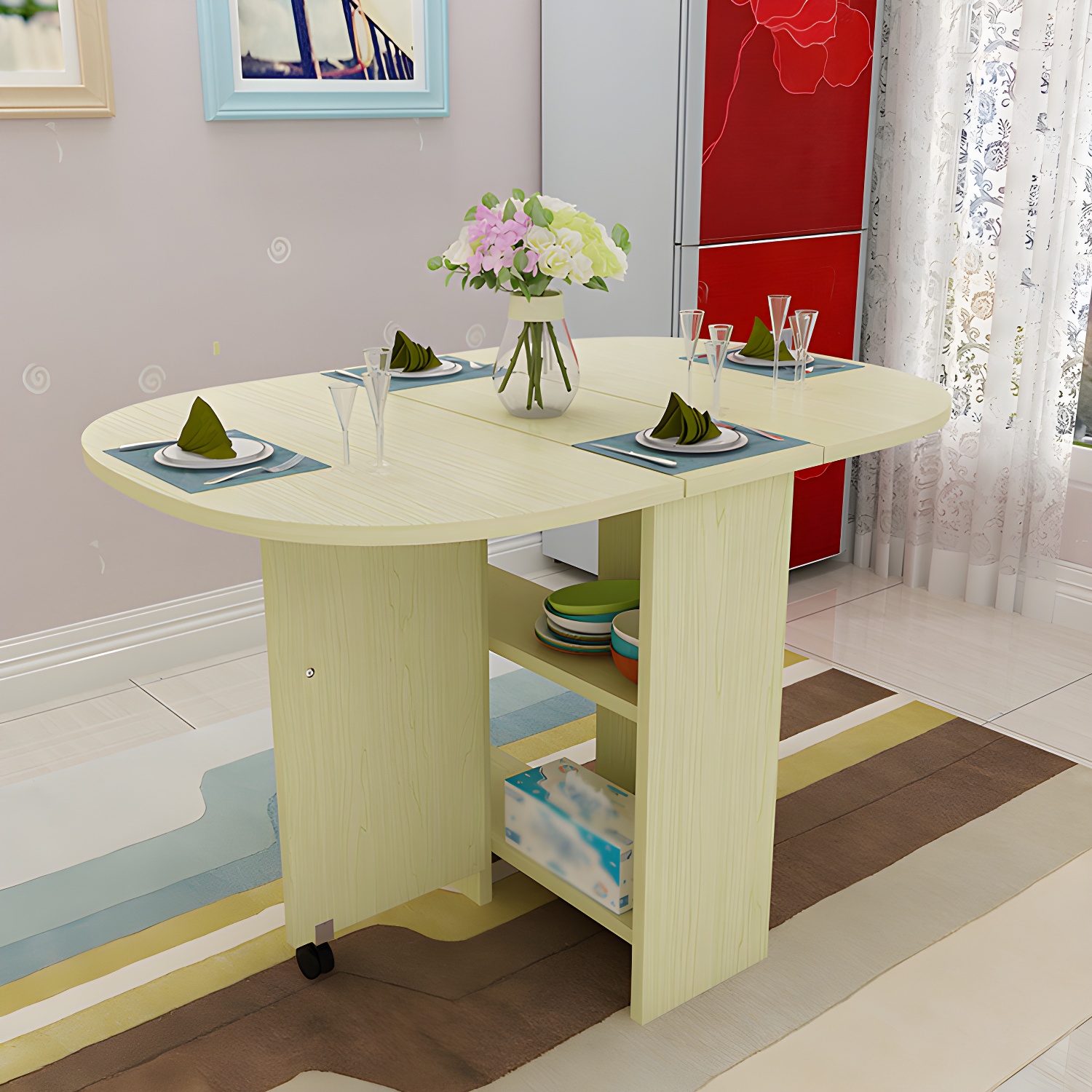Solid Wood Mid-Century Modern Table Oval Solid Wood Top Table with Drop Leaf