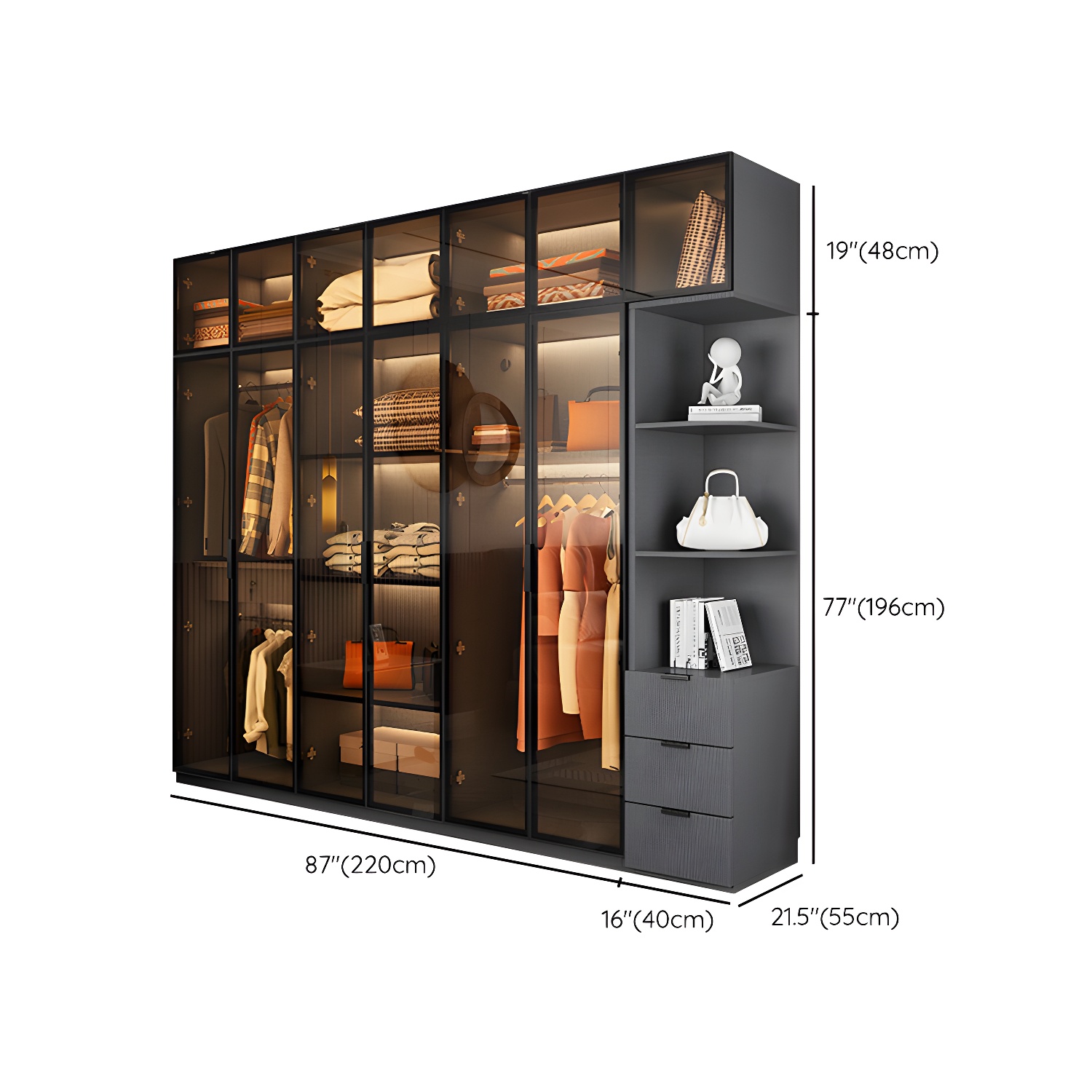 Modern Glass Wardrobe Cloth Rod Included Wardrobe Closet without Light - image 42