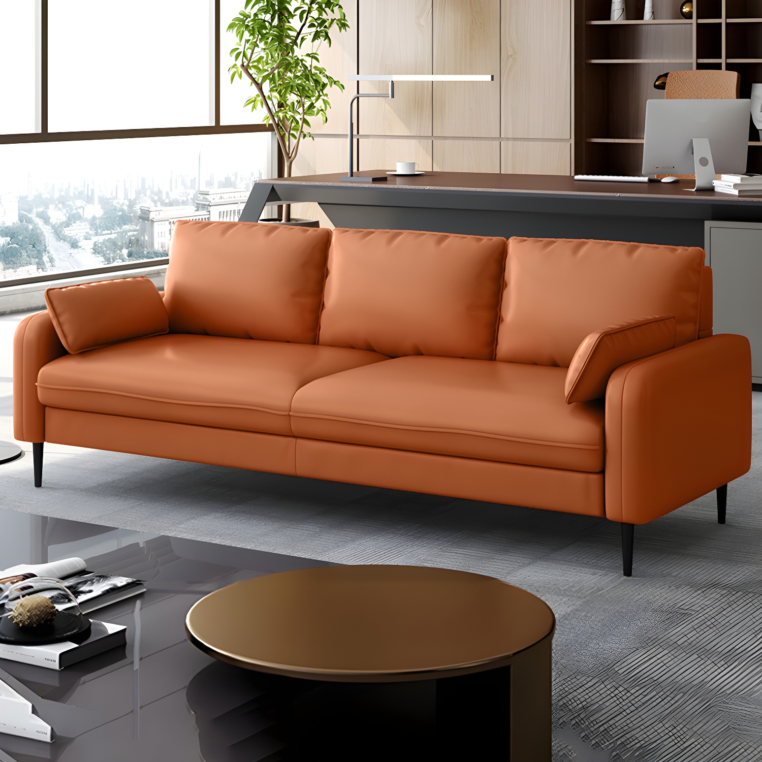 3-Seater Faux Leather Sofa Mid Century Loose Back Square Arm Settee - image 3