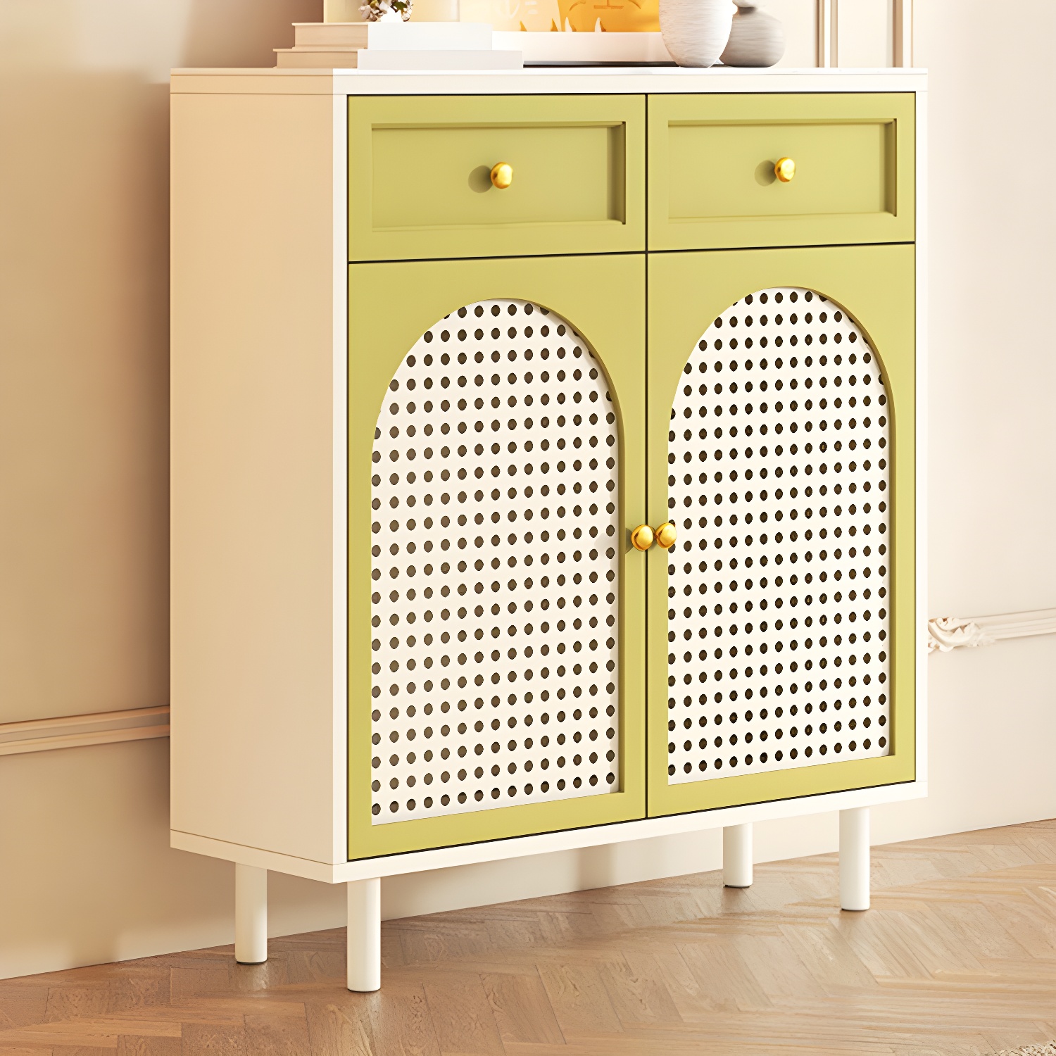 Rustic Wood Buffet Cabinet with Stone Countertop and Adjustable Shelves