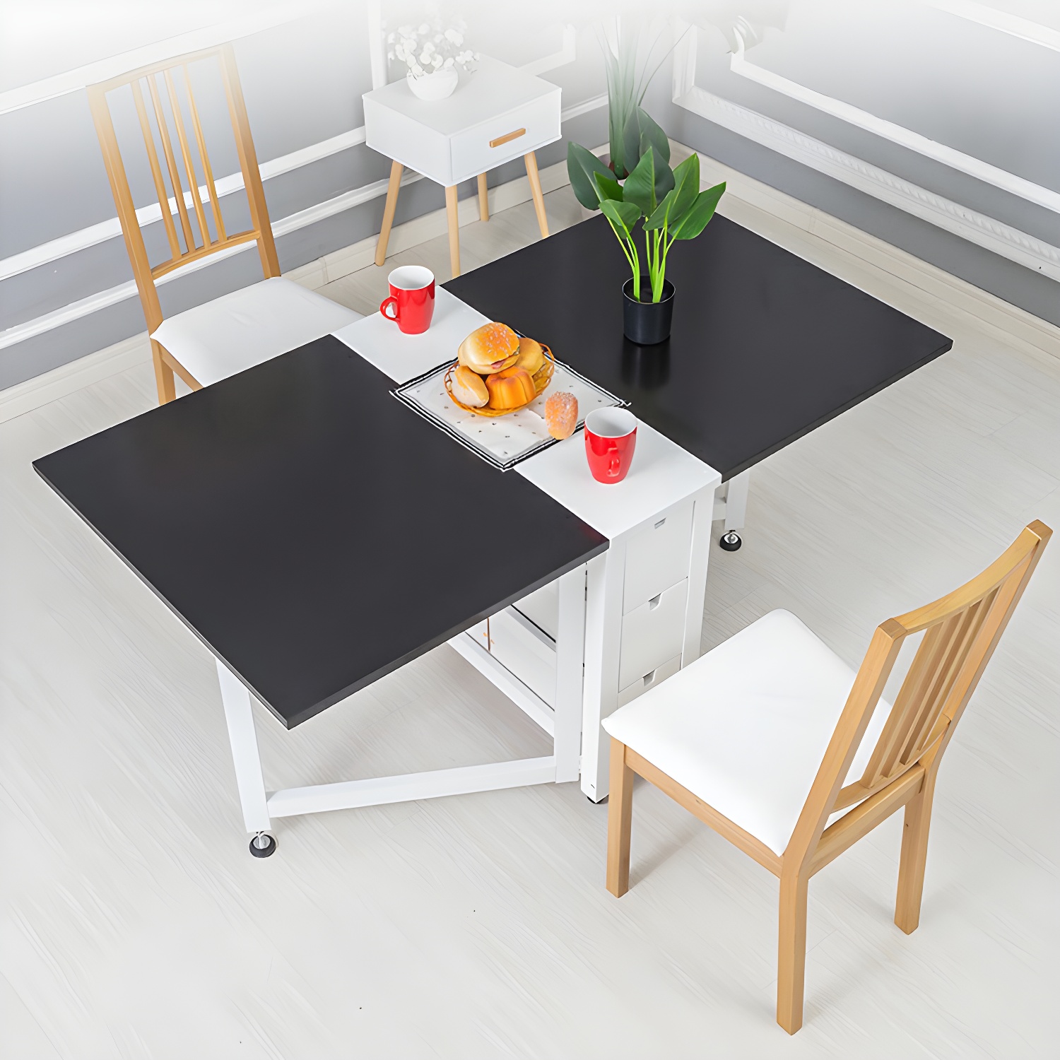 Modern Birch Wood Drop Leaf Rectangle Kitchen & Dining Table with Pedestal Base and Storage Included - image 11