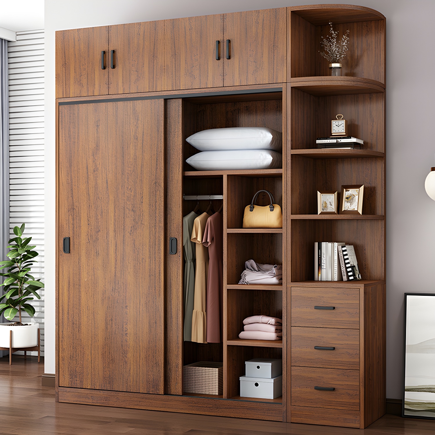 Modern Wooden Wardrobe Armoire with 3 Clothing Rods and Interior Shelves