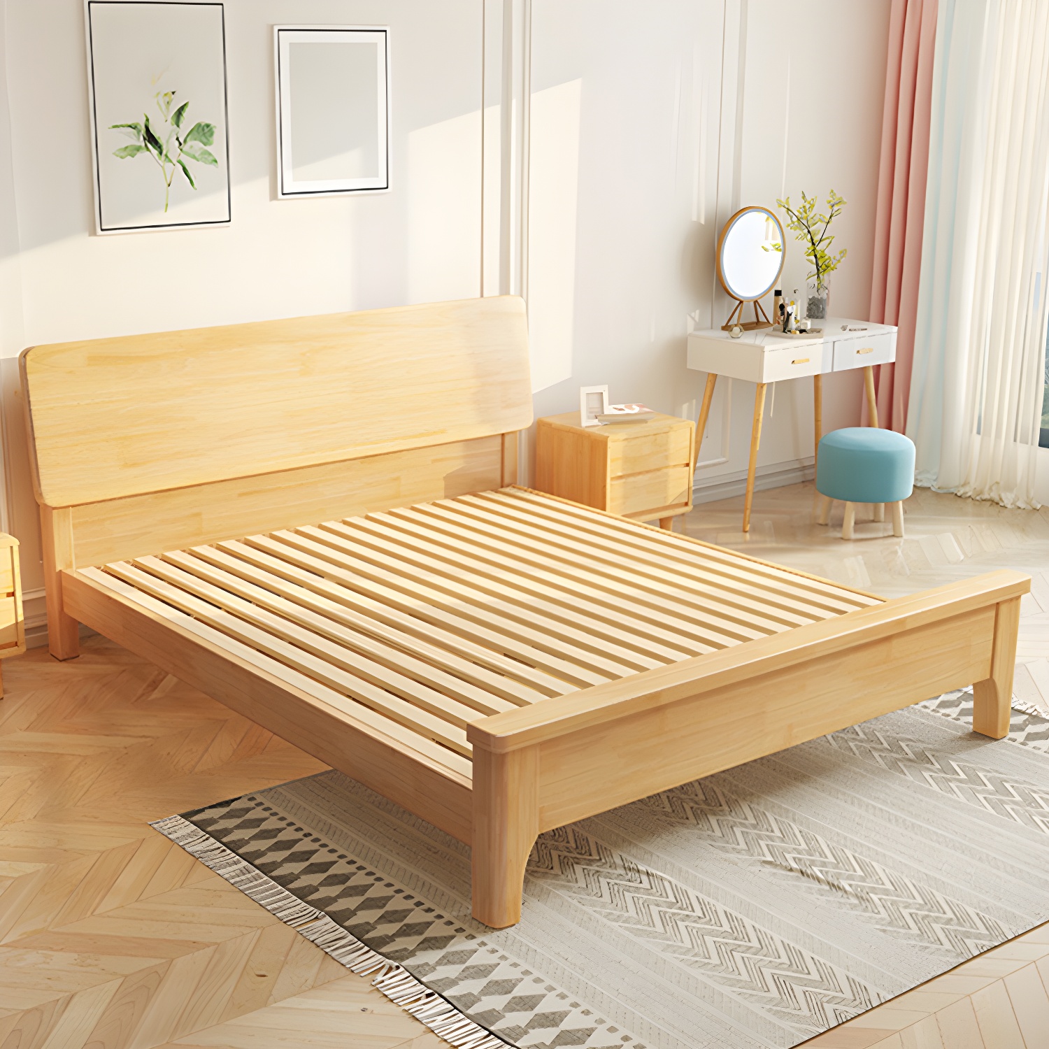 84.65 inch Wide Scandinavian Bed Frame Solid Wood Standard Bed with Headboard - image 4