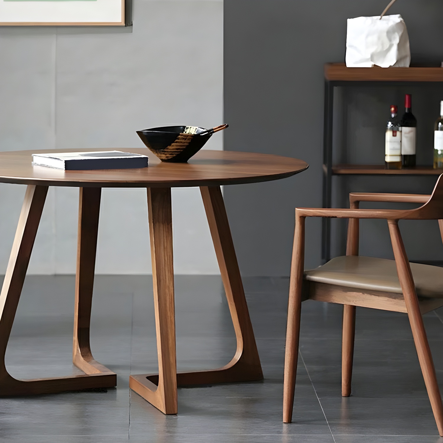 Scandinavian Brown Round Wood Dining Table with Double Pedestal Base - image 7
