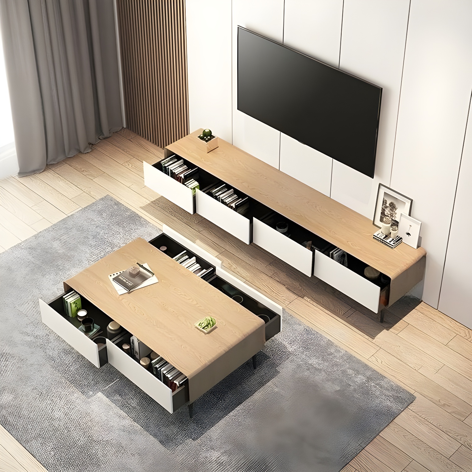 Modern Wooden Long and Low TV Stand with 4 Drawers, No Assembly Required, Dark Tone - image 19