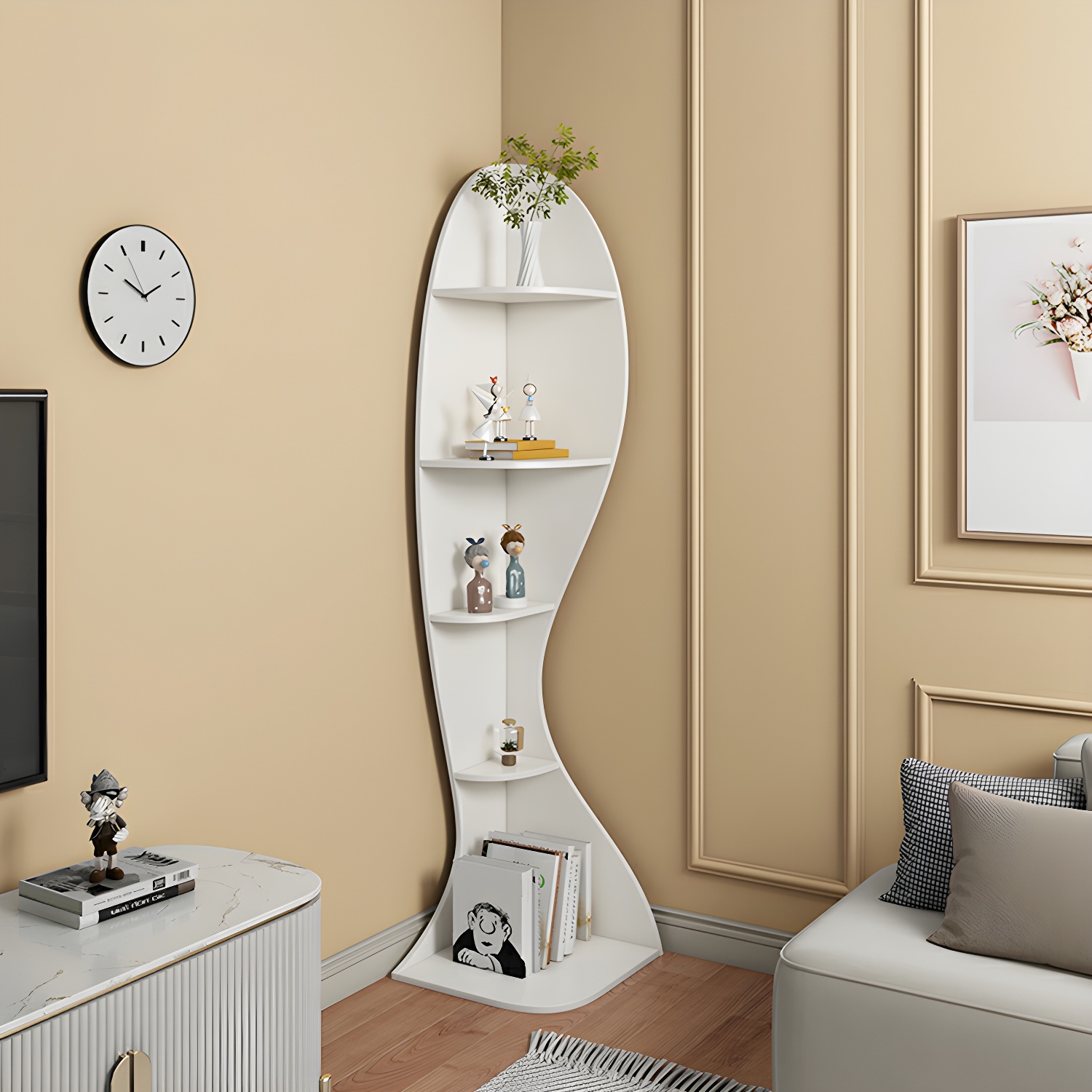 Corner Modern Accent Chest with Wood Counter Top and Open Shelves - 40cm X 40cm X 182cm - 4 Shelves - image 11