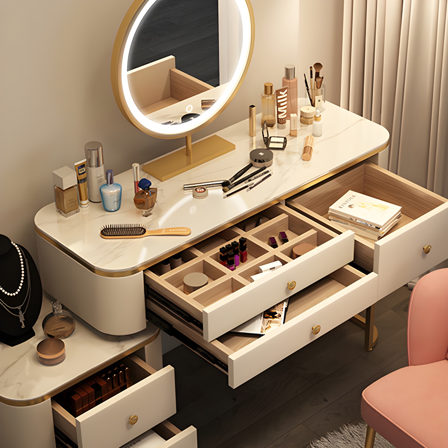 Scandinavian Wooden Vanity Desk in White Modern with Drawers Dressing Table - image 8