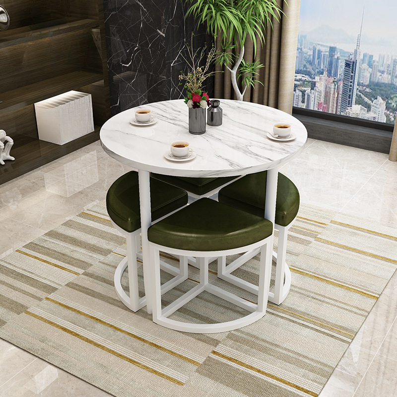Reclaimed Wood Round Dining Table Set with Metal Toboggan Base and Upholstered Backless Chairs for 4 People - image 16