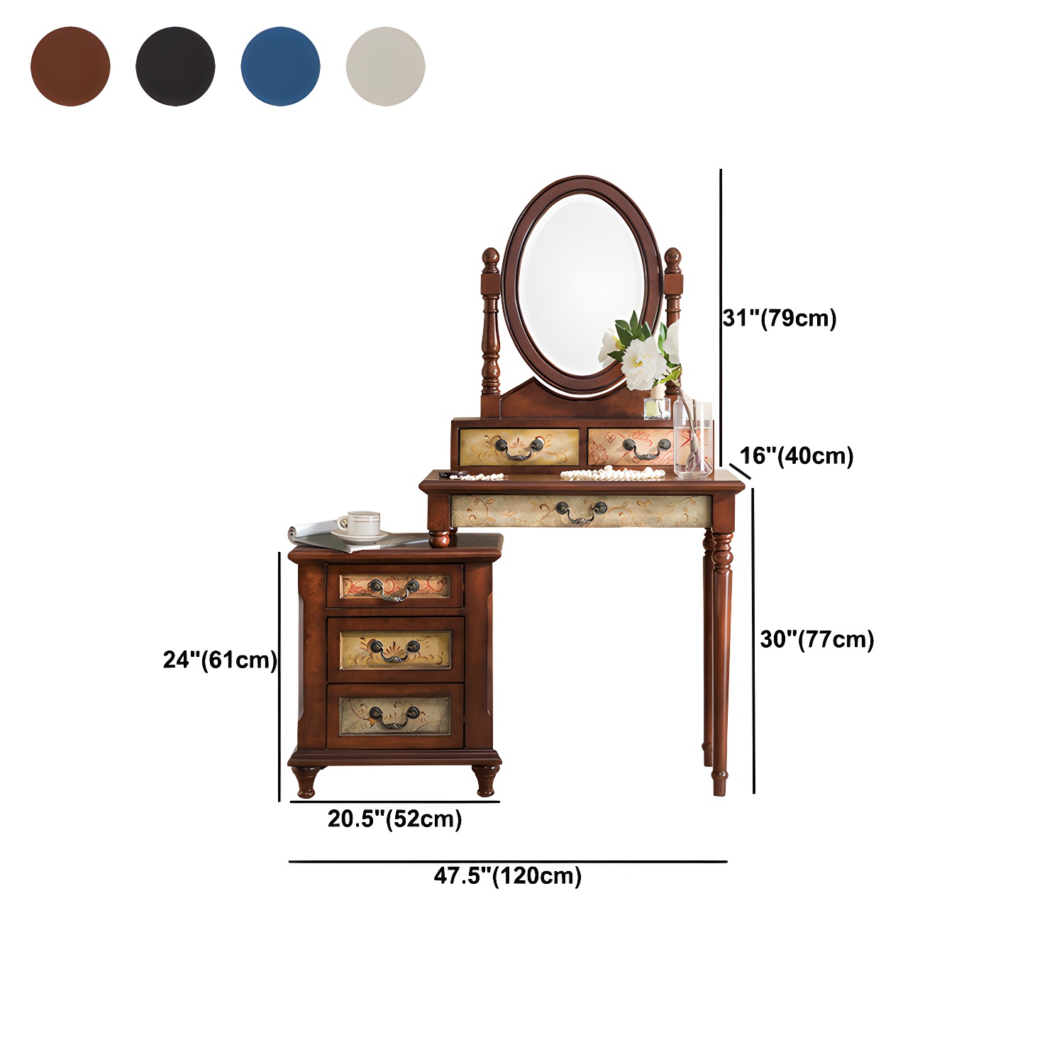 Victorian Vanity Set Solid Wood Drawers Included Makeup Dressing Table With Mirror & Stool - image 22