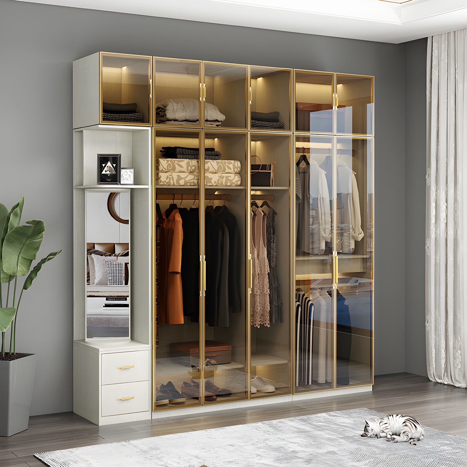 Modern Wardrobe Armoire Engineered Wood and Glass Wardrobe Closet