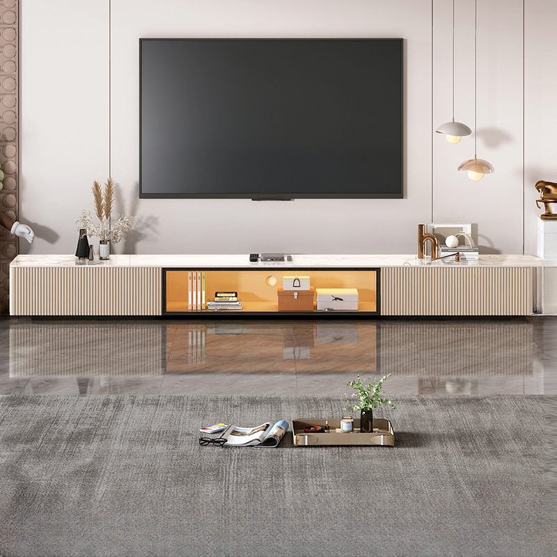 Art Deco Sintered Stone Rectangular TV Stand with 2 Drawers, Hutch, Cable Management, and Light - image 3