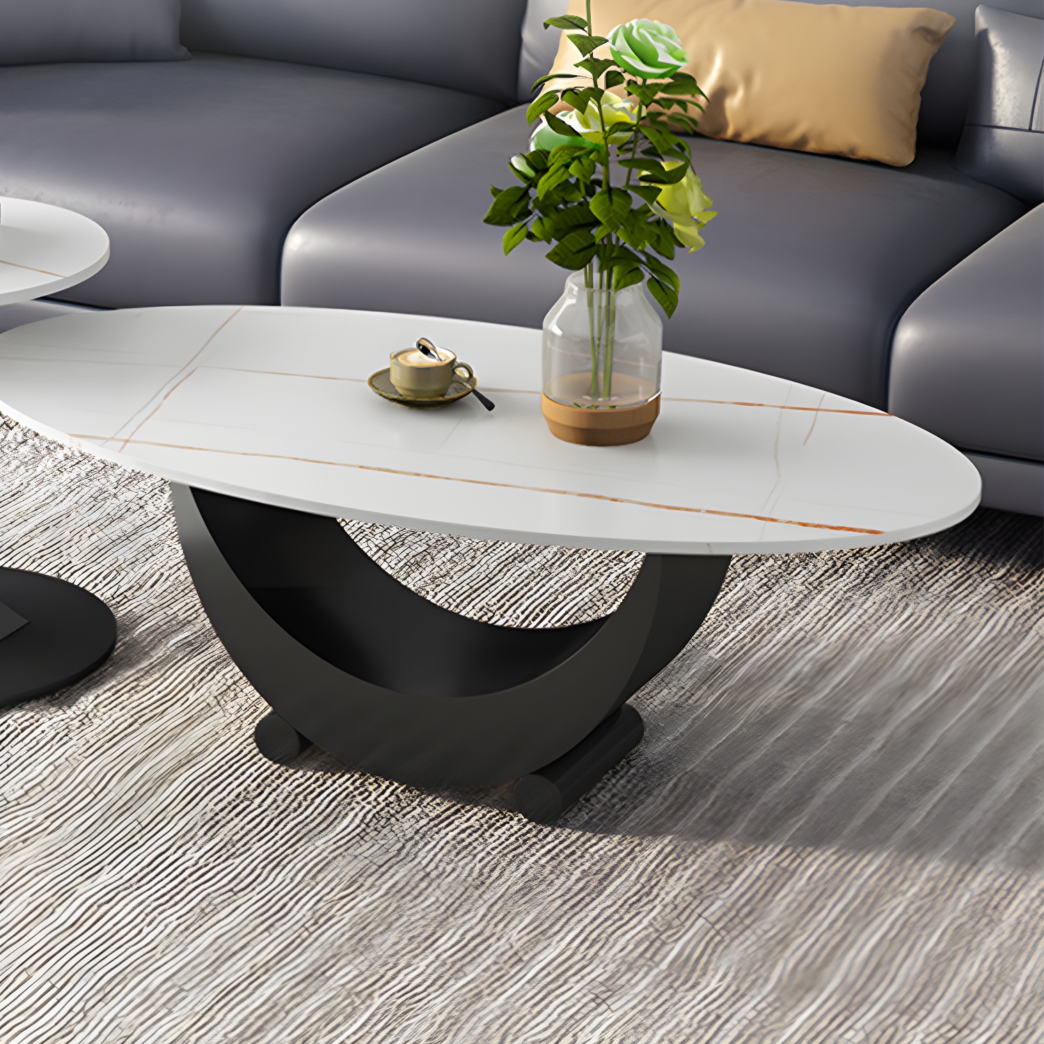 2 Piece Nesting Tables Oval Minimalist Modern Coffee Table Set - image 7