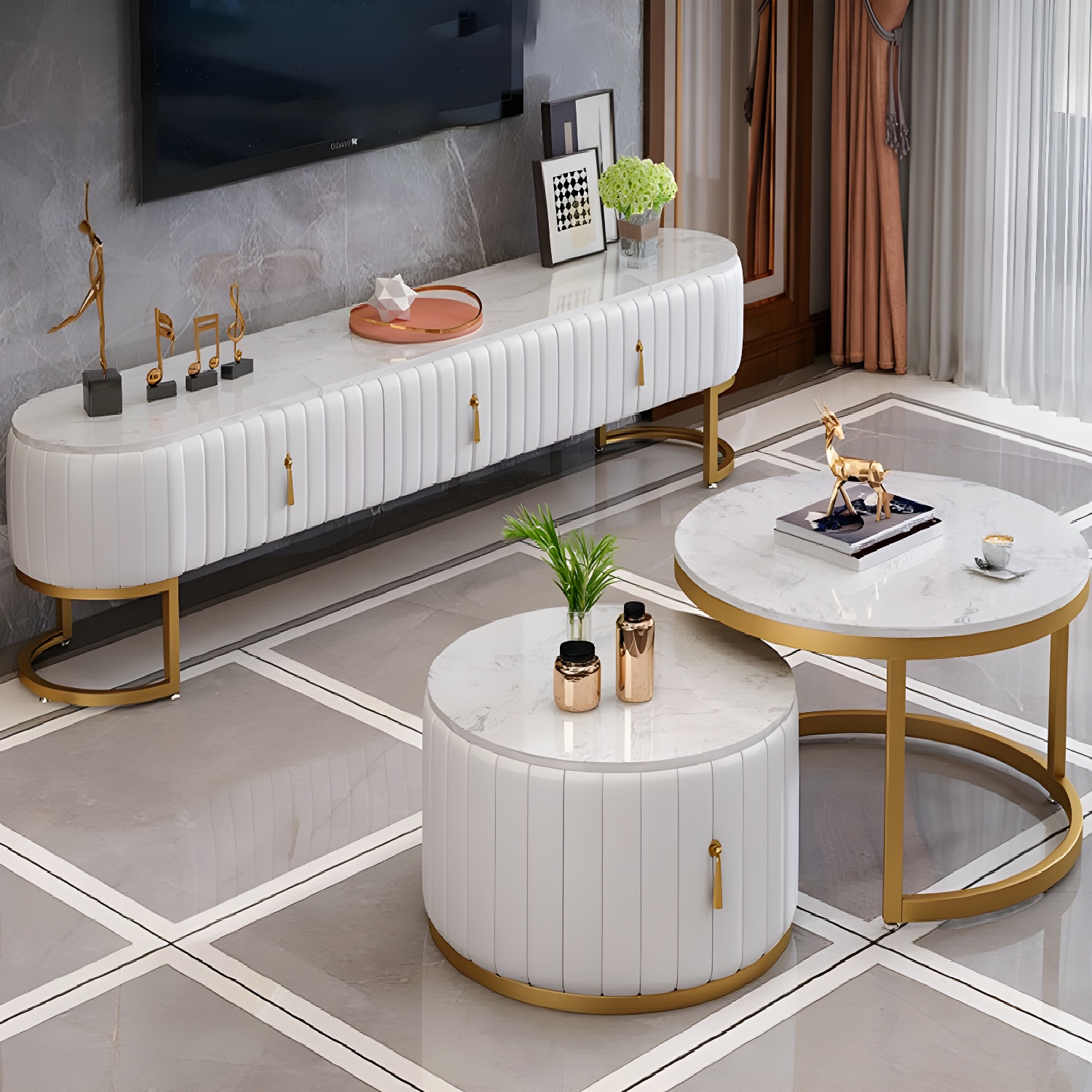 Scandinavian TV Stand Imitation Marble Enclosed Storage TV Console with Drawers - image 9