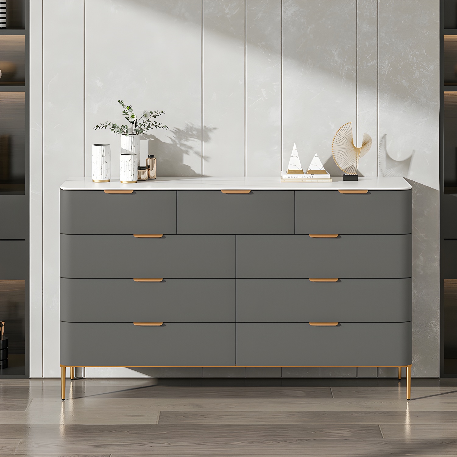 Modern Faux Leather Double Dresser with Solid Wood and Gold Accent Handles - image 3