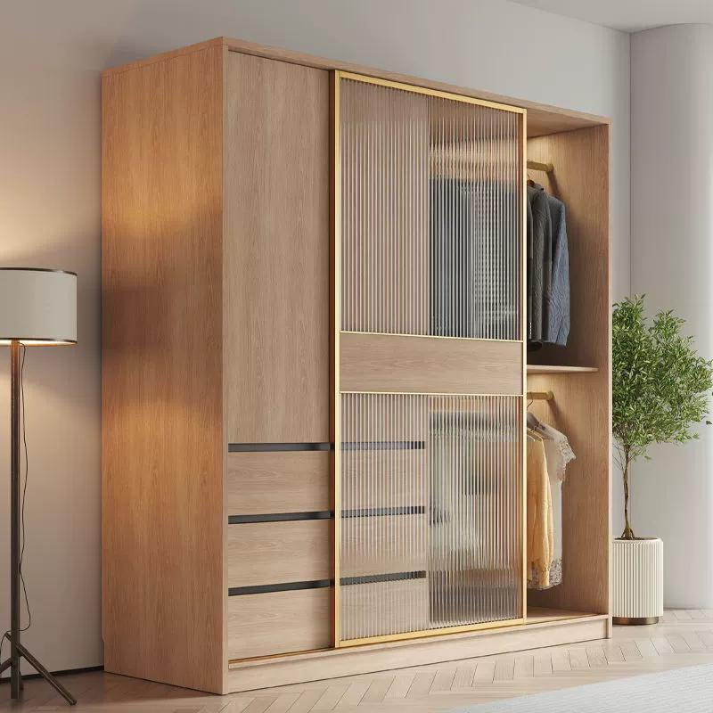 Contemporary Brown Wood Panels Armoire with Shelves and Glass Door for Bedroom