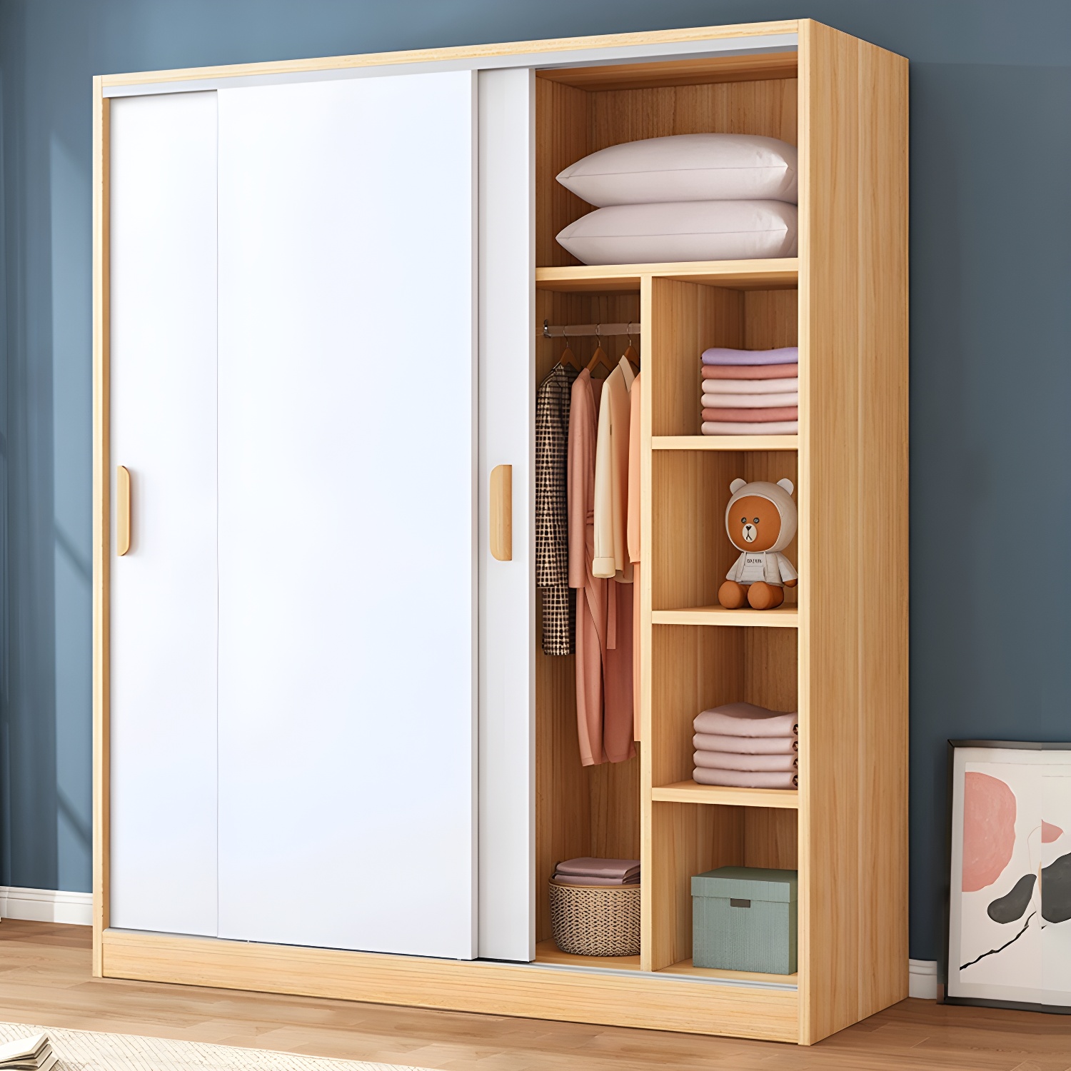Contemporary Wood Wardrobe Armoire with Sliding Doors, Clothing Rod, and Interior Shelves - image 6