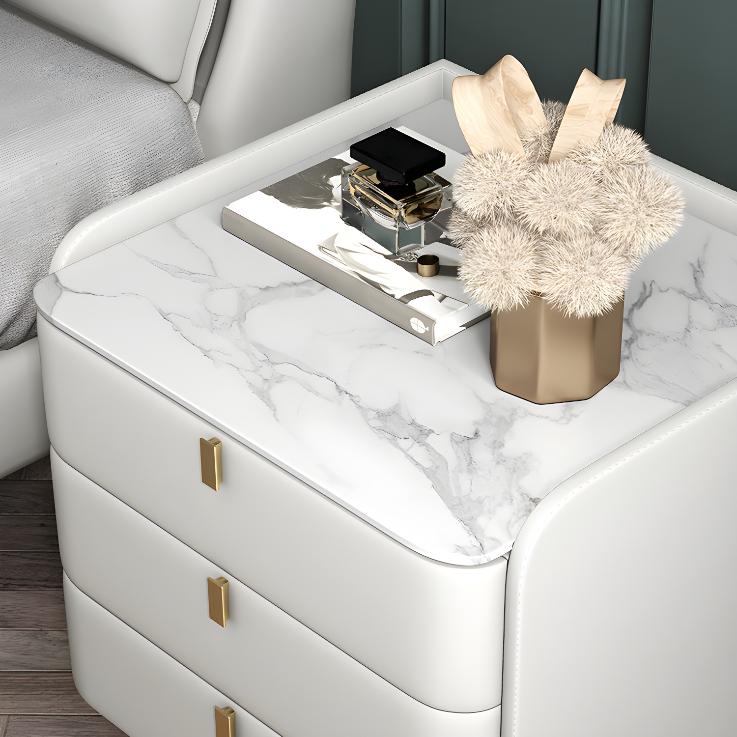 Stone Top Nightstand 3-drawer Leather Night Table with 4 Legs - image 19