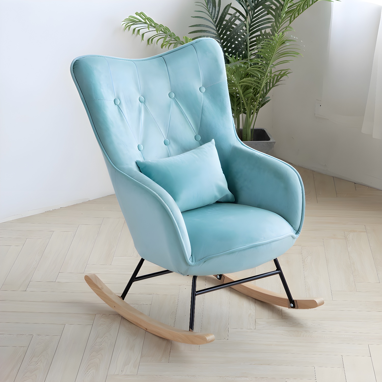Stylish Modern Upholstered Rocking Chair with Natural Wood Legs and Tufted Back Cushion - image 7