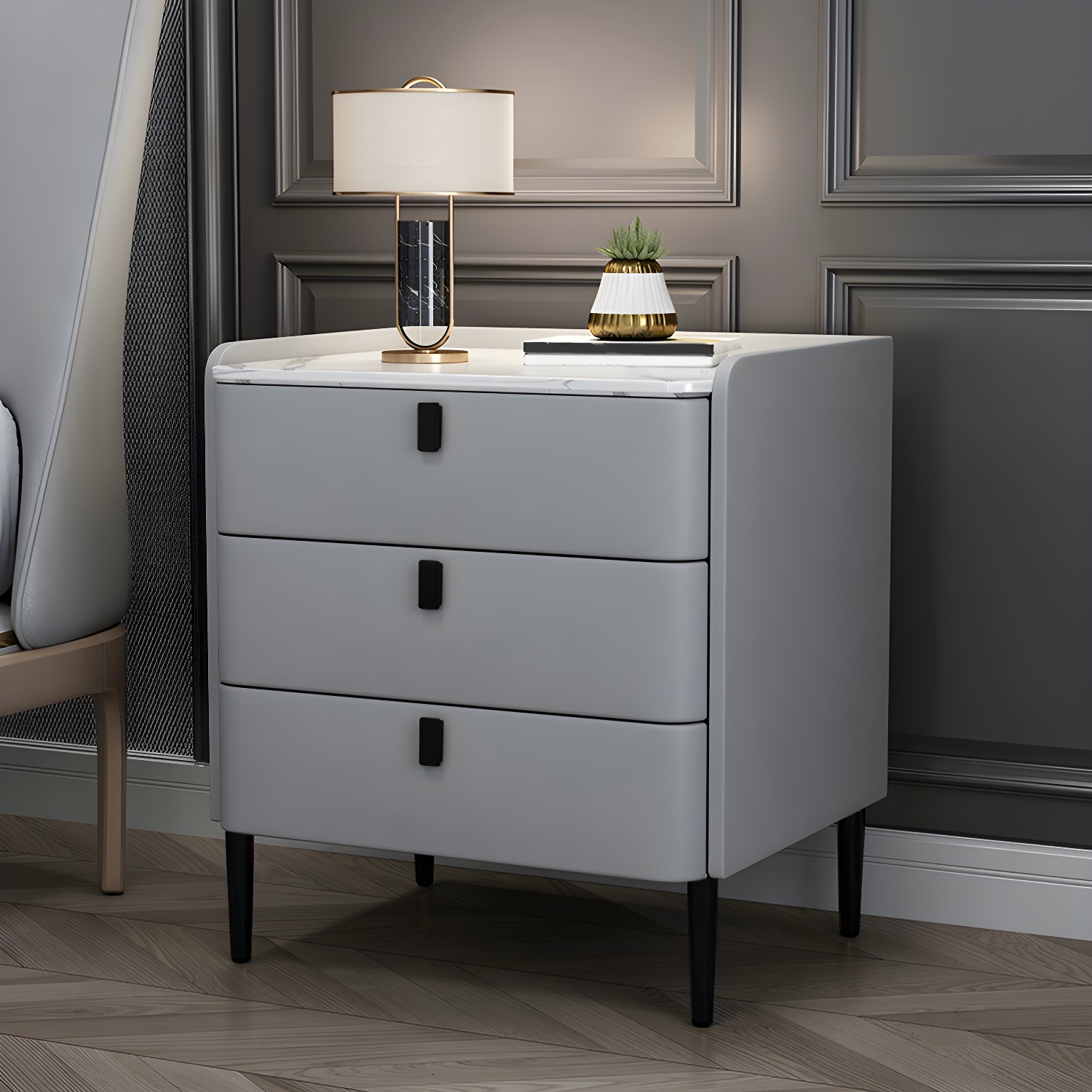 Glam Style Sintered Stone Top Drawer Storage Nightstand for Bedroom - image 13