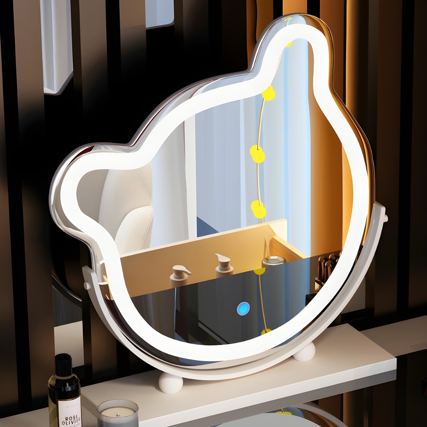 Lighted Mirror Wood Makeup Dressing Table Stool Set in Black/ White - image 9