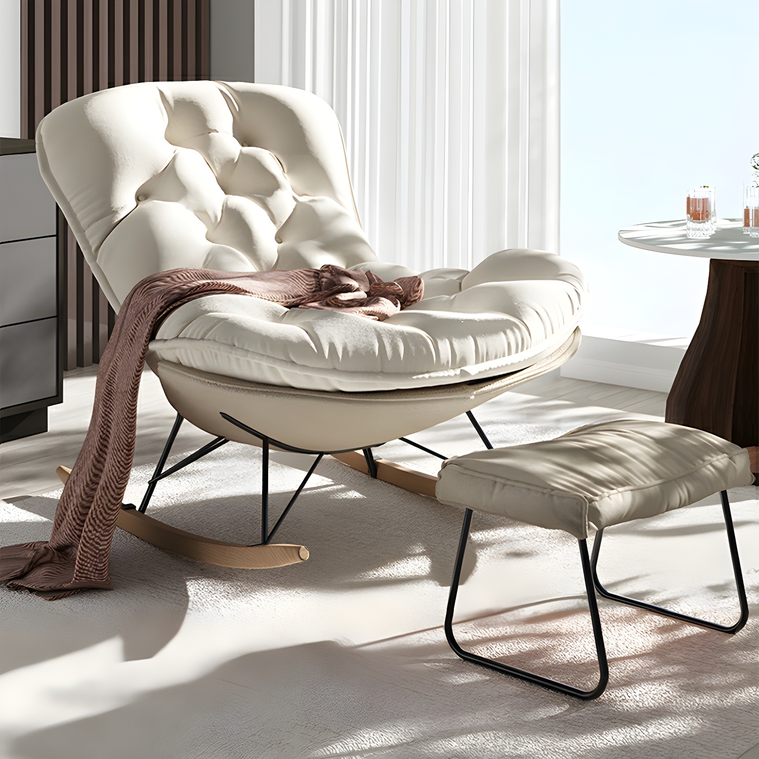 Stylish and Comfortable Modern Upholstered Indoor Rocking Chair with Natural Wood Legs - image 9