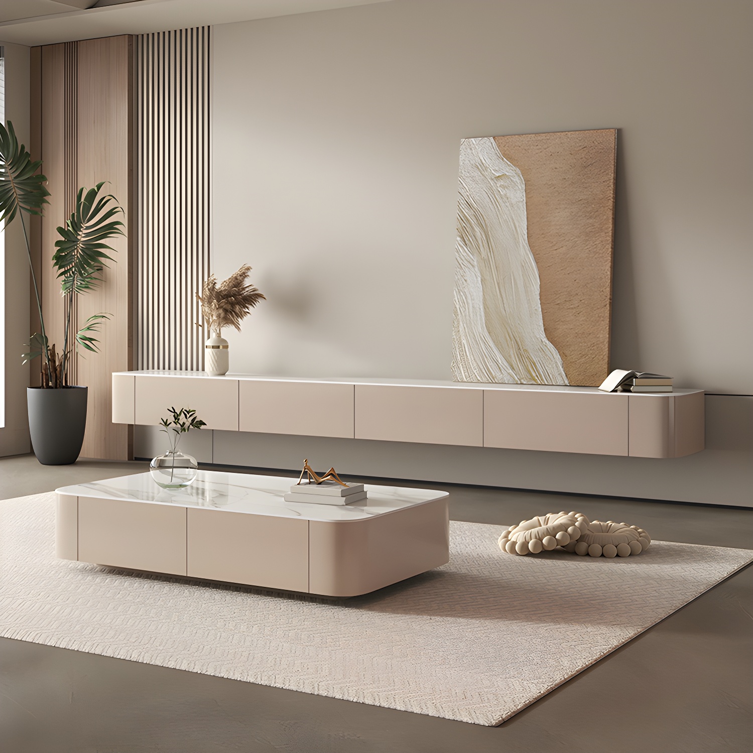 Brown Modern TV Stand with Floating Mount Design, Drawers, and Cable Management