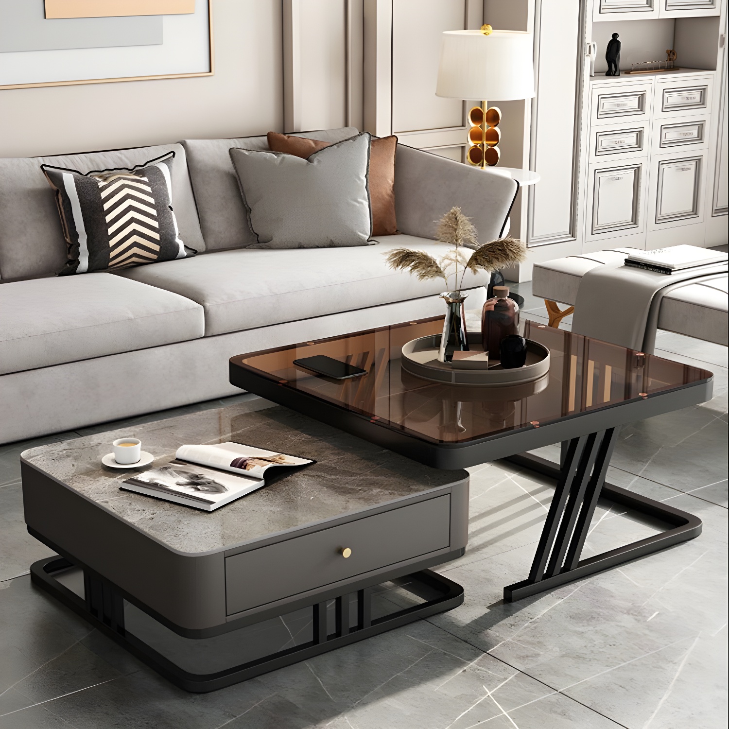 Modern Round Glass / Slate Cocktail Table Steel Frame Coffee Table with Drawer - image 9