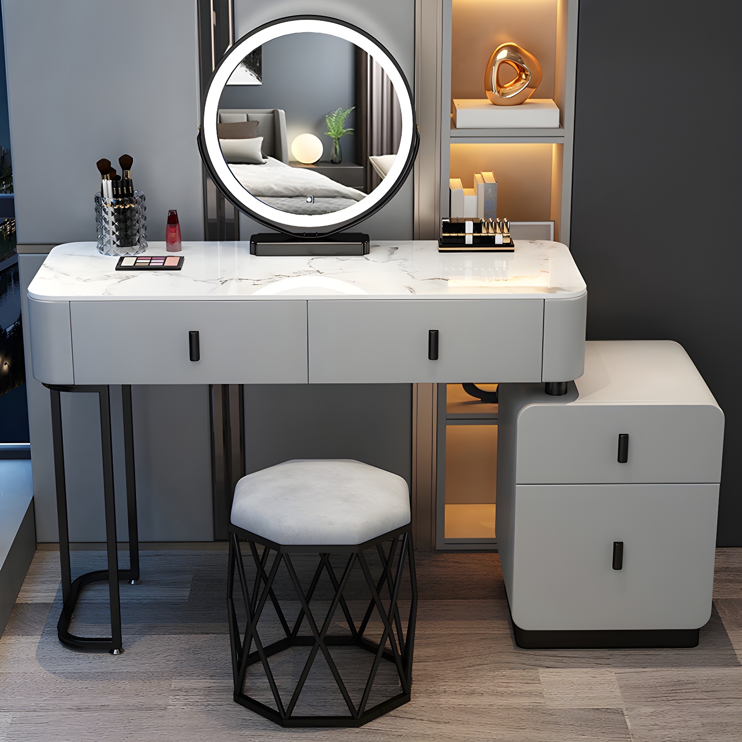 Wood Makeup Vanity Lighted Mirror Vanity Table and Stool Set - image 8