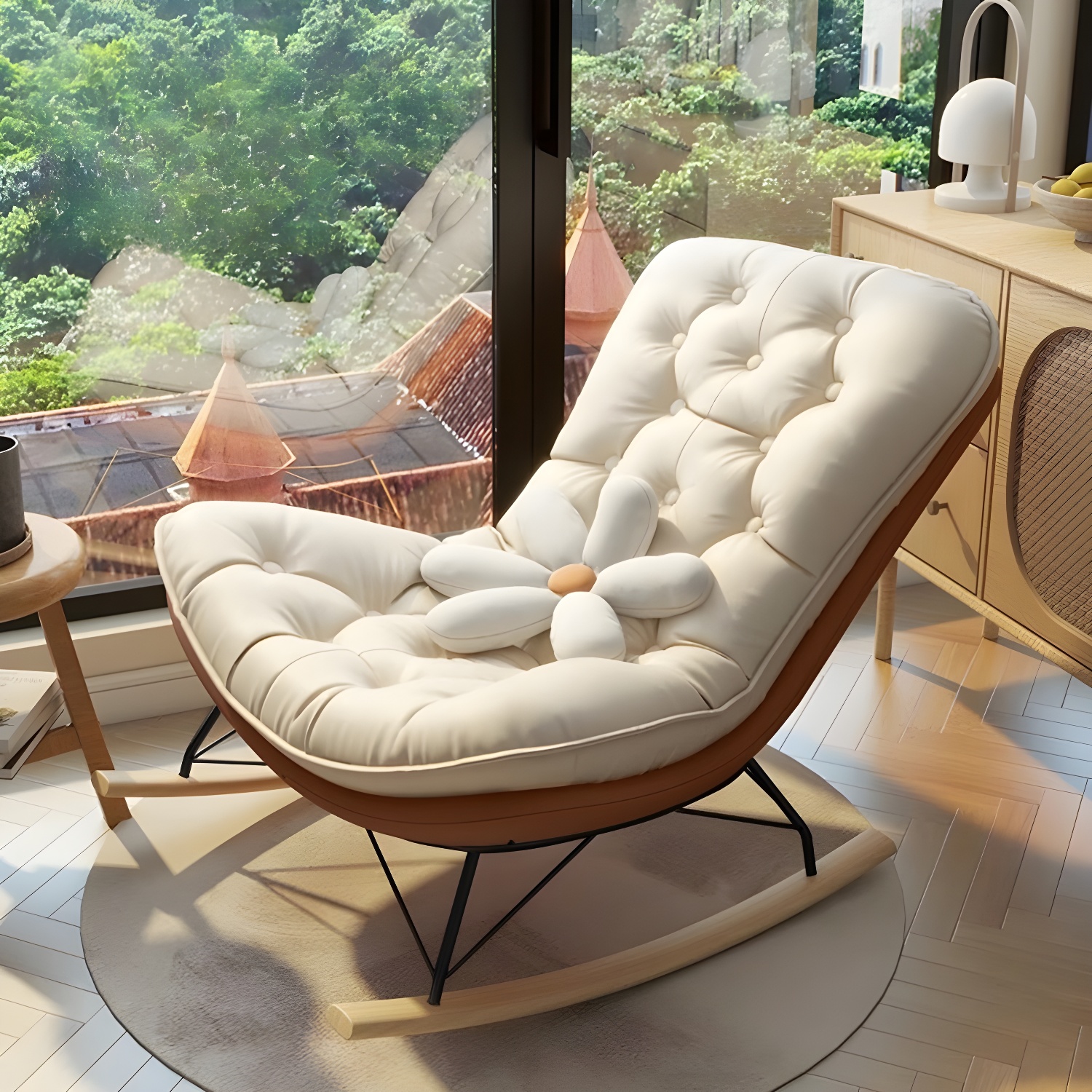 Contemporary Rocking Chair with Spindle Back, Tufted Upholstered and Wood Legs