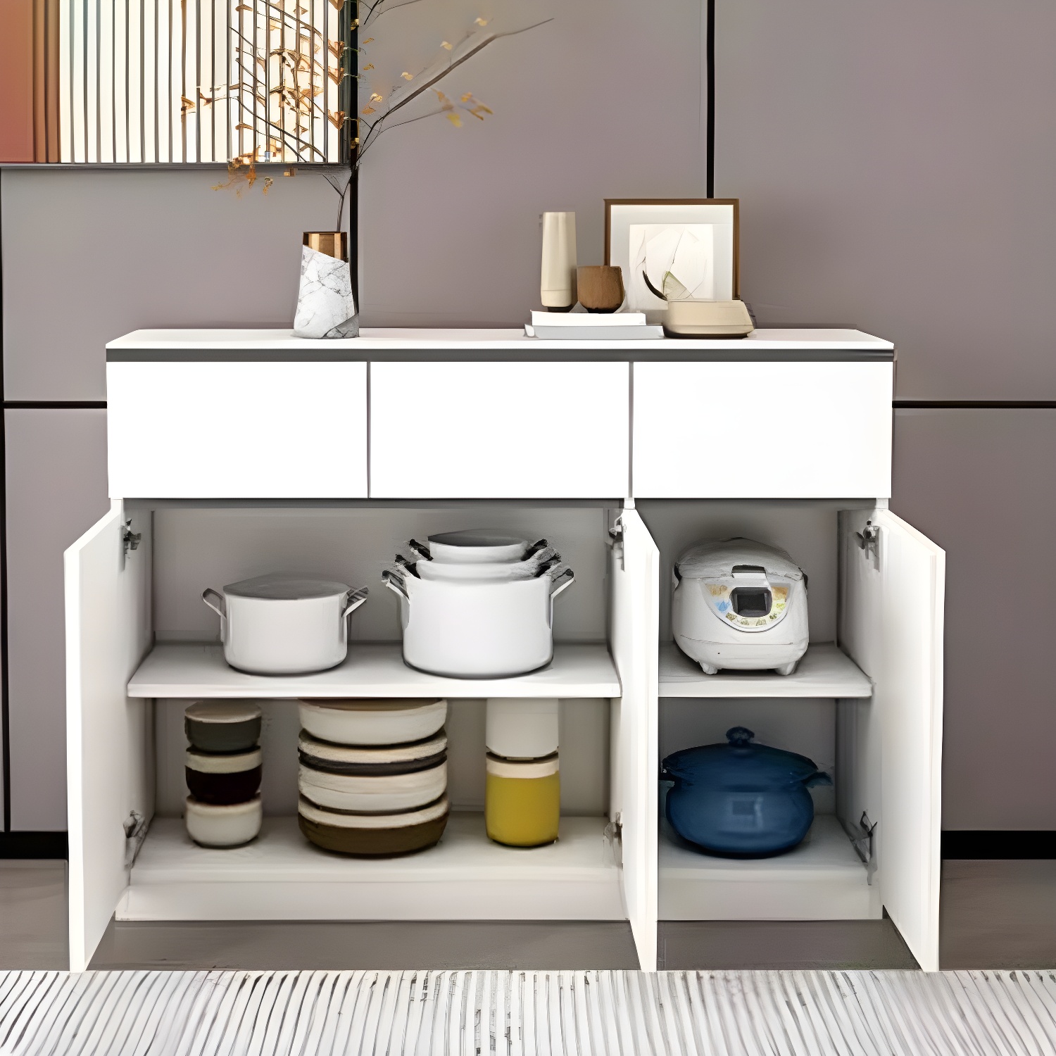 Modern Wood Sideboard Credenza with Drawers and Cabinets - Stone Countertop - image 15