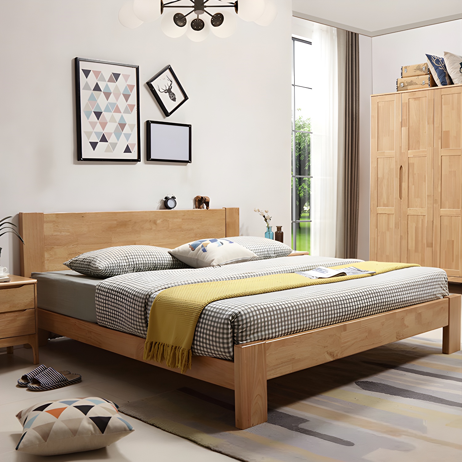 Modern Solid Color Panel Bed Rubberwood Standard Bed with Headboard