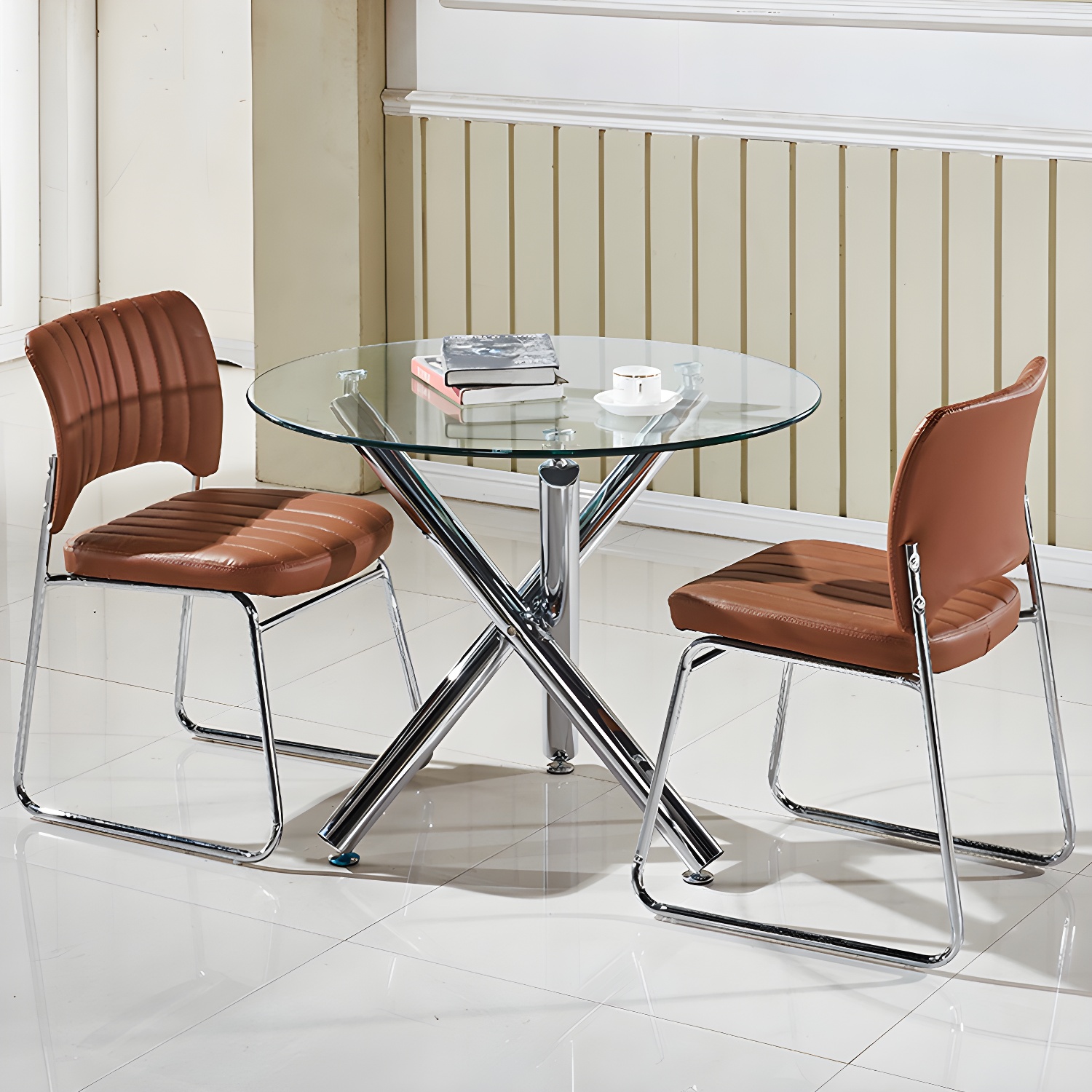 Modern Glass Round Dining Set with Three-Leg Metal Base - Clear, 36-inch Table