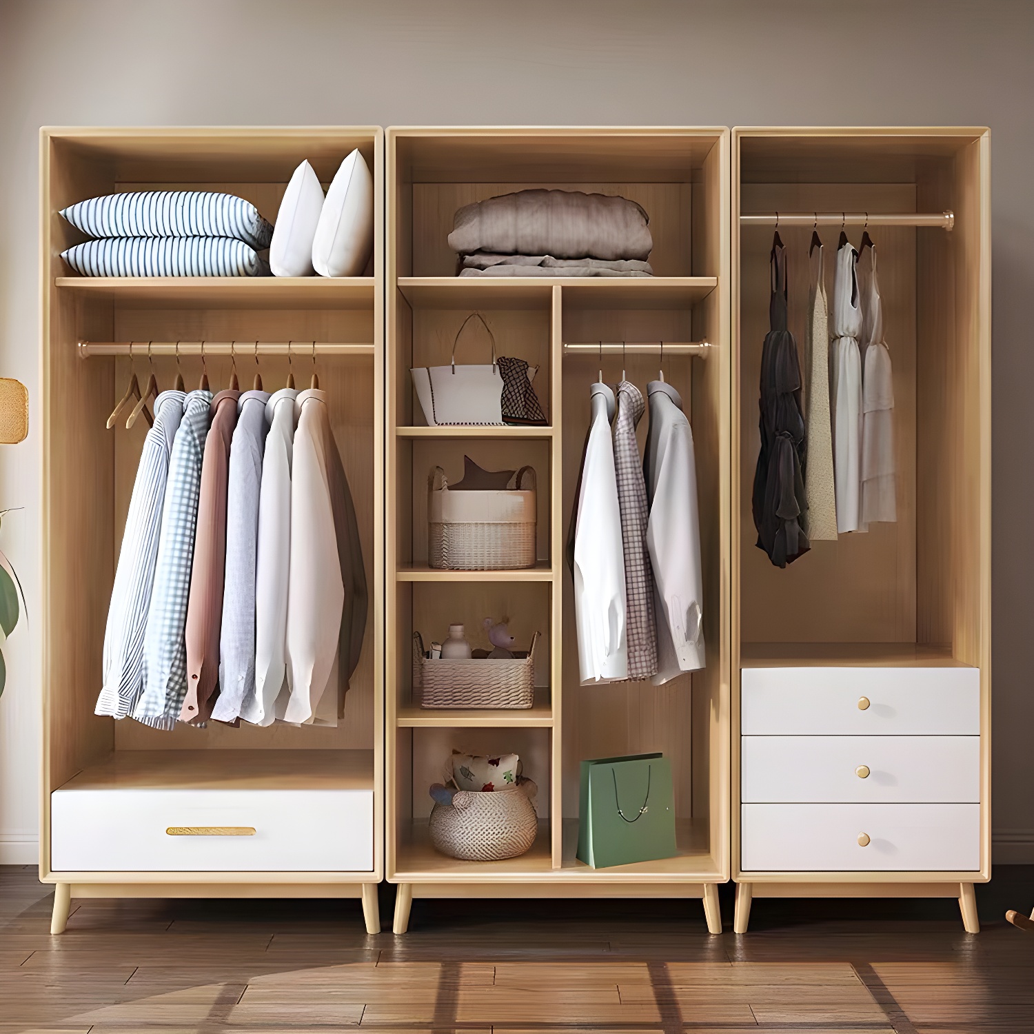 Scandinavian Natural Wood Wardrobe with Clothing Rod and Shelves for Bedroom - image 5