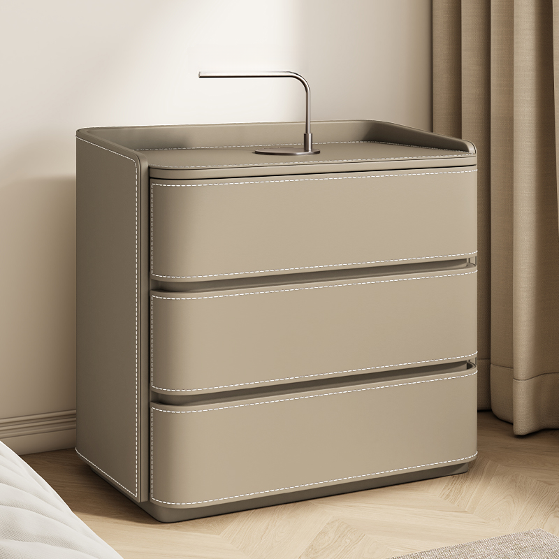 Contemporary 3 Tiers Genuine Leather Drawer Storage Bedside Table - image 4