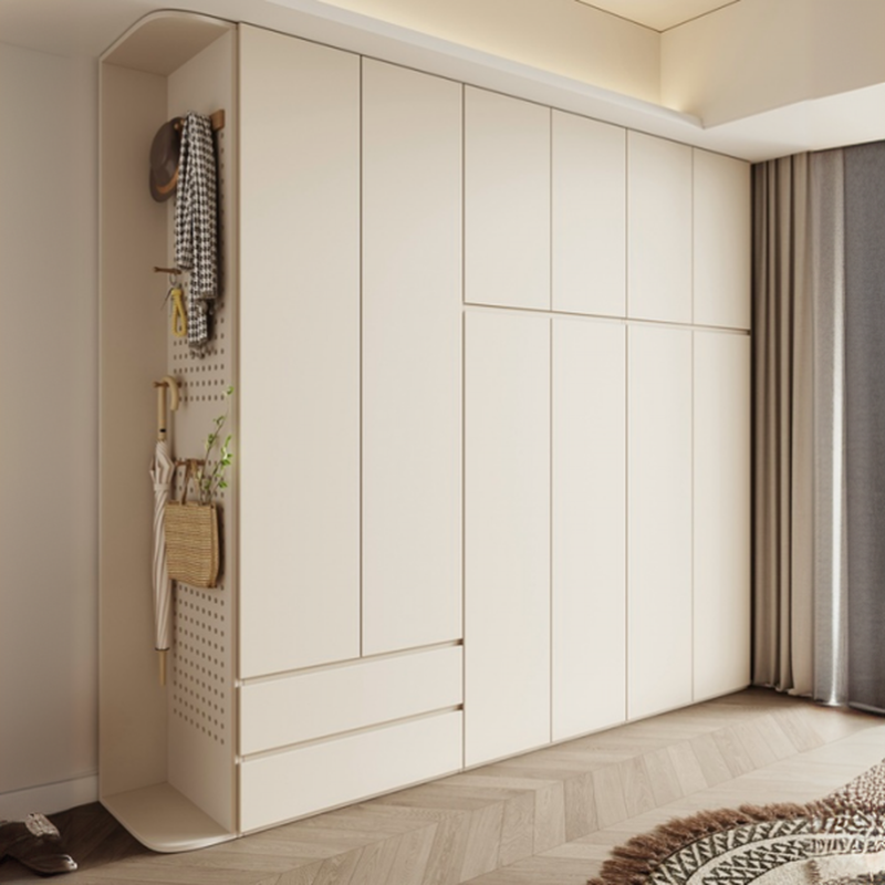 Cream Modern Wood Wardrobe Armoire with Soft Close Drawer and Door, Interior Shelves, and Hanging Rod