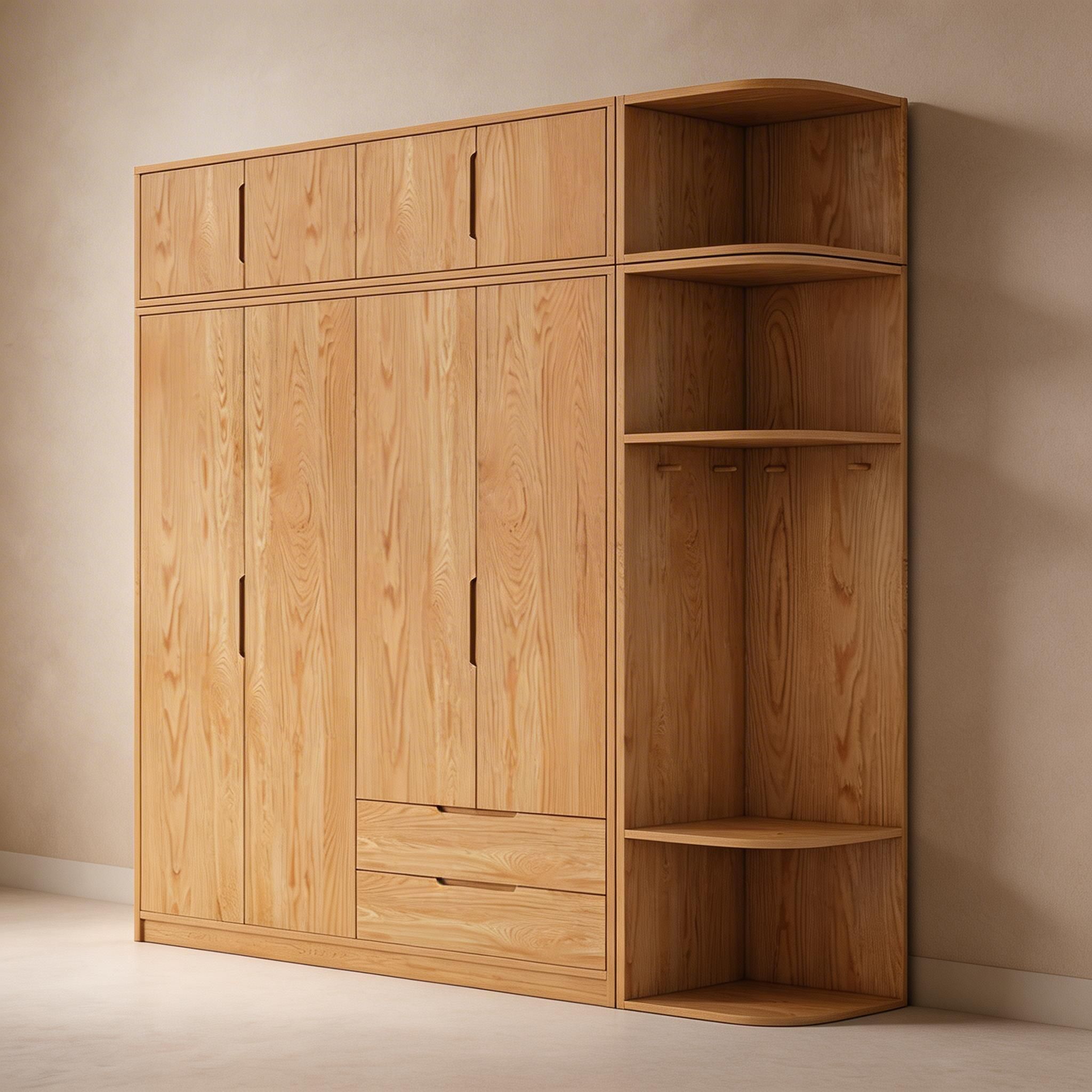 Modern Natural Wood Wardrobe Armoire with Sliding Doors, Drawers, and Shelves - image 100