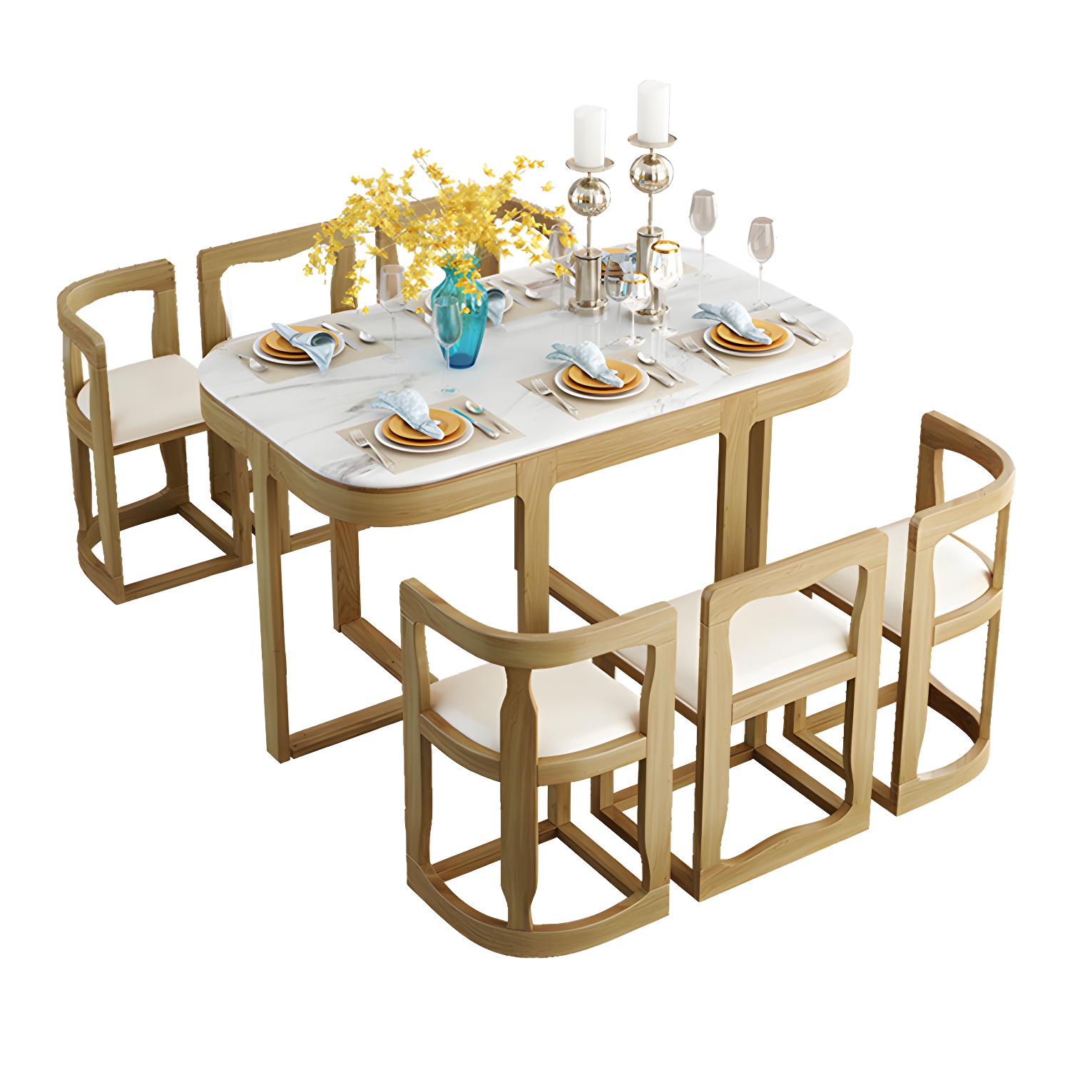 7-Piece Modern Wood Dining Set with Trestle Base and Upholstered Chairs in White - Seats 6 - image 13