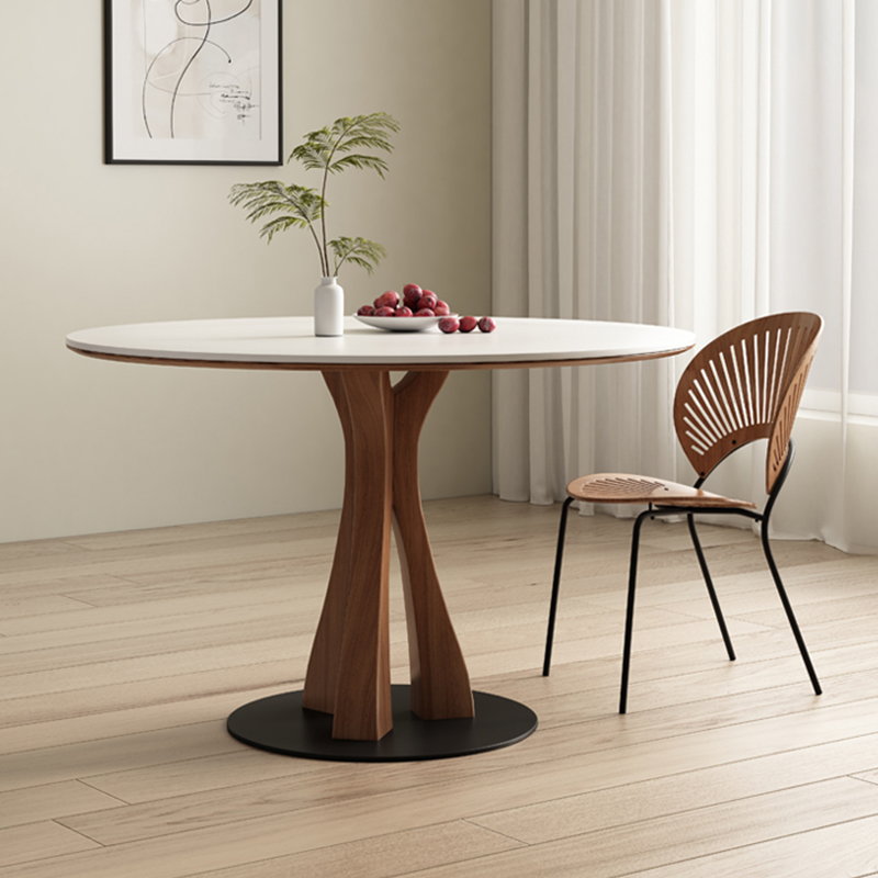 White Stone Round Modern Dining Table with Ash Wood Pedestal Base