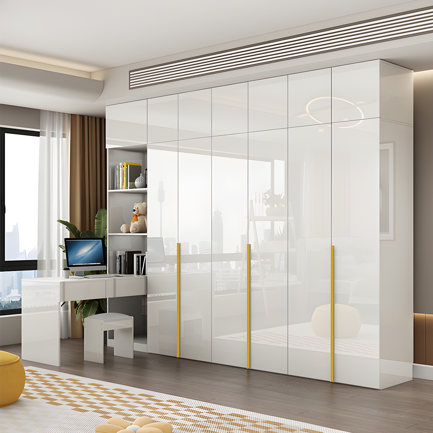 White Modern Style Wardrobe Cabinet Engineered Wood with Garment Rod