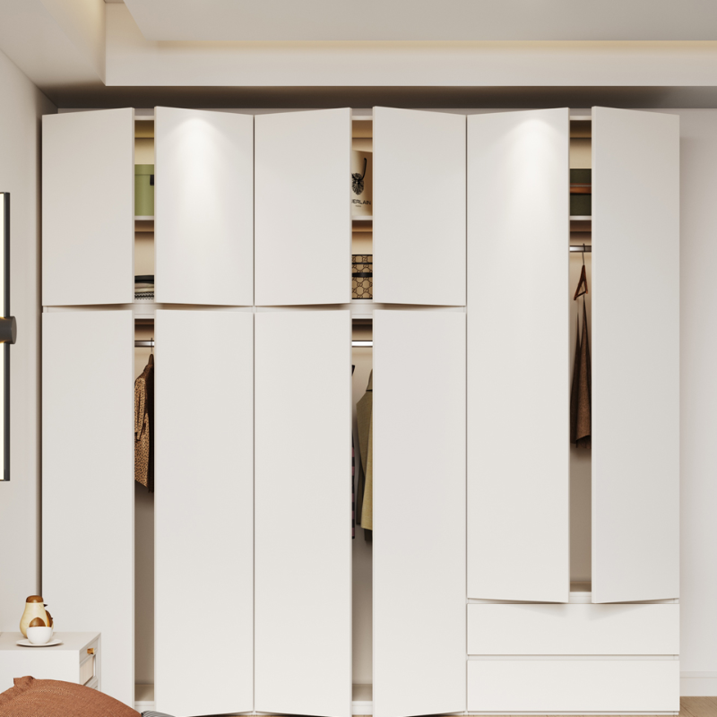 White Minimalist Manufactured Wood Independent Wardrobe Closet with Soft Close Drawer, Soft Close Door, and Interior Shelves