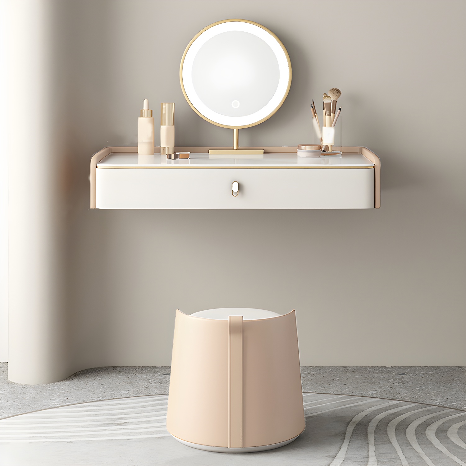 Glam Style Off-white Slate Countertop Wall Mounted with 1/2 Drawer Dresser