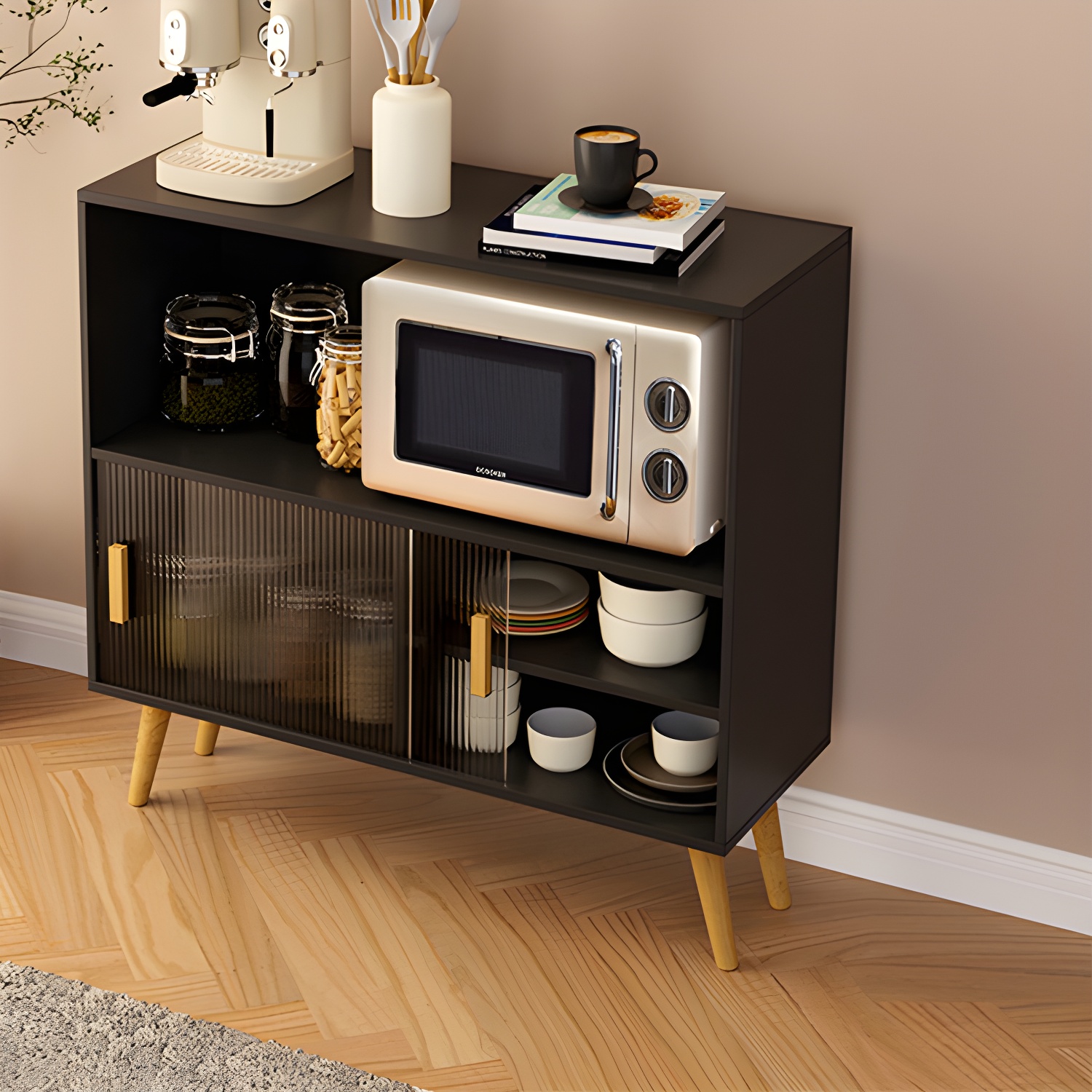 Scandinavian Wood Buffet Table with Acrylic Sliding Doors and Cabinet