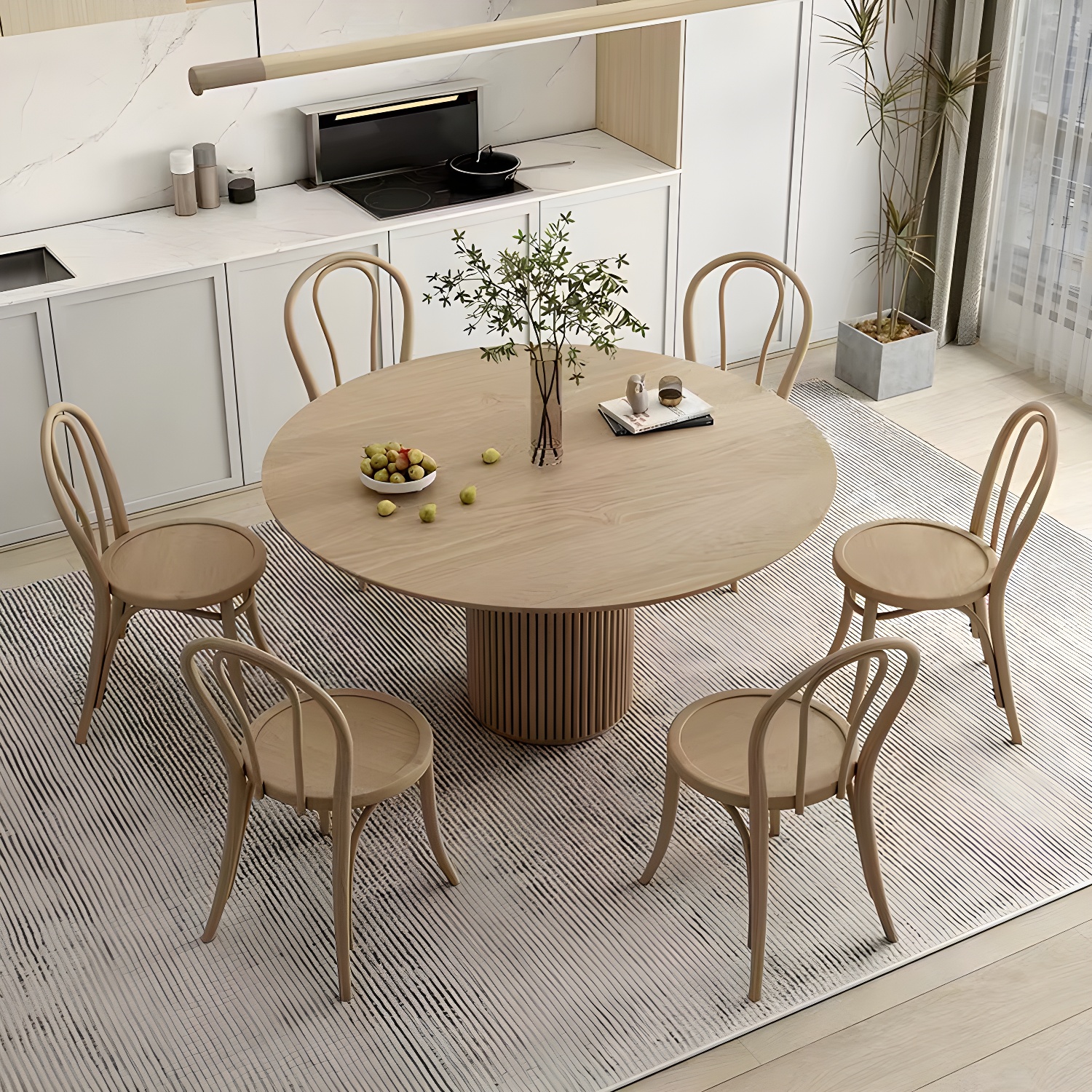 Modern Round Dining Table Pine Solid Wood Pedestal Dining Table in Natural