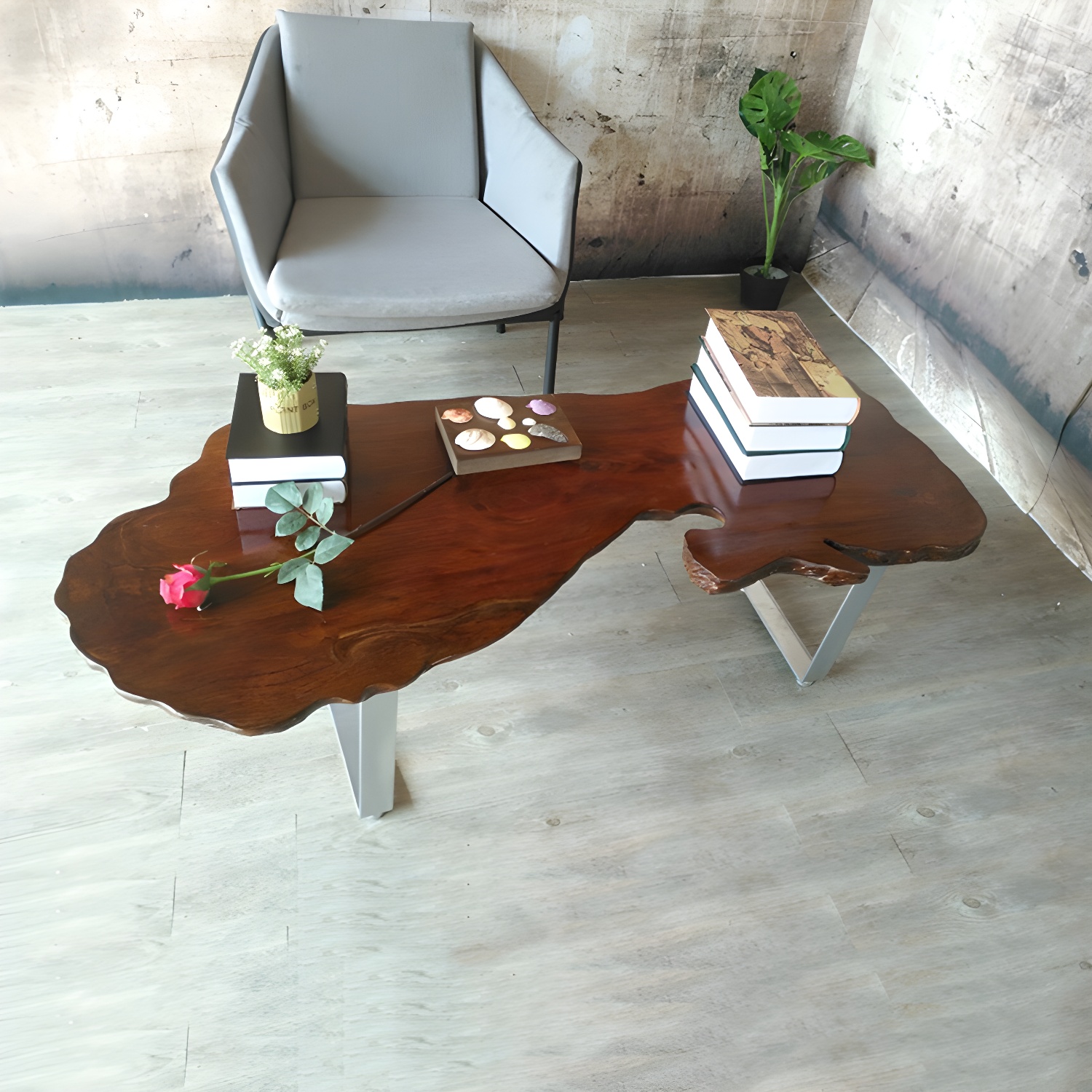 Modern Live Edge Coffee Table Geometric Red Wood Sled Cocktail Table - image 7