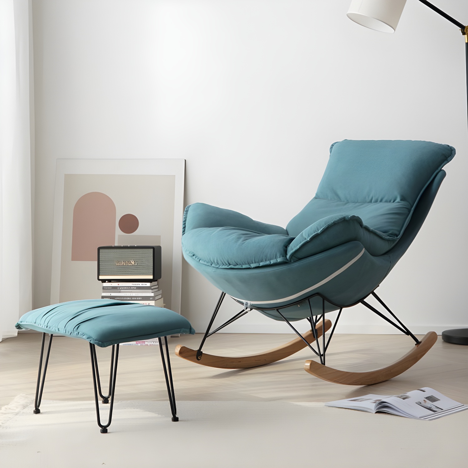 Modern Upholstered Rocking Chair with Ottoman Set - Natural Wood Legs