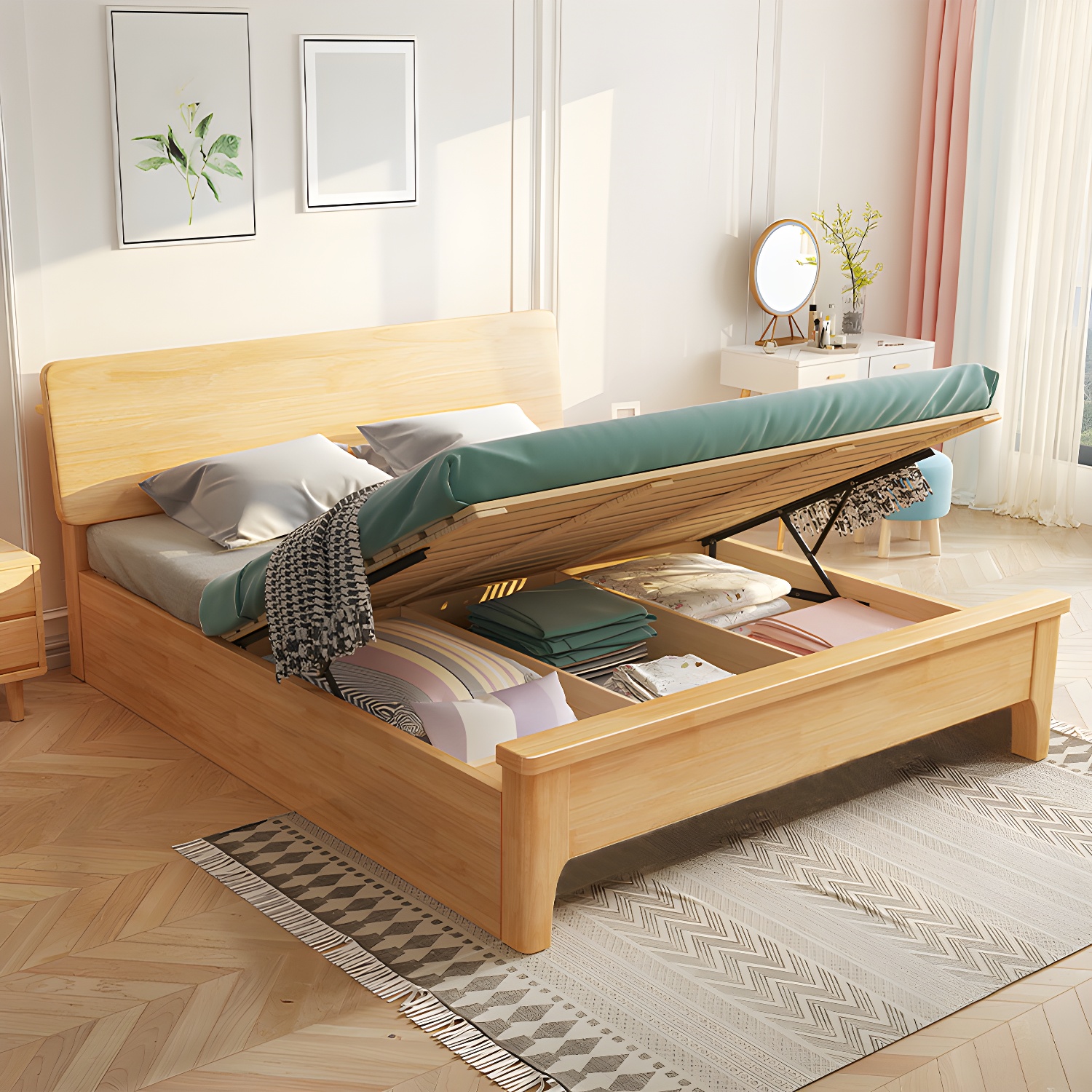 84.65 inch Wide Scandinavian Bed Frame Solid Wood Standard Bed with Headboard - image 2