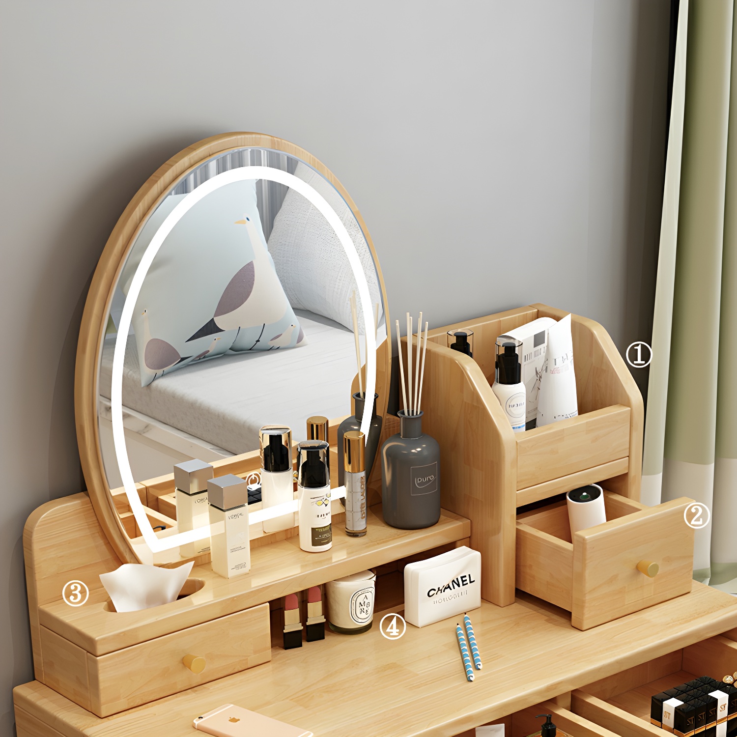 Modern Wood Makeup Vanity with Drawers, Mirror & Upholstered Chair - image 14